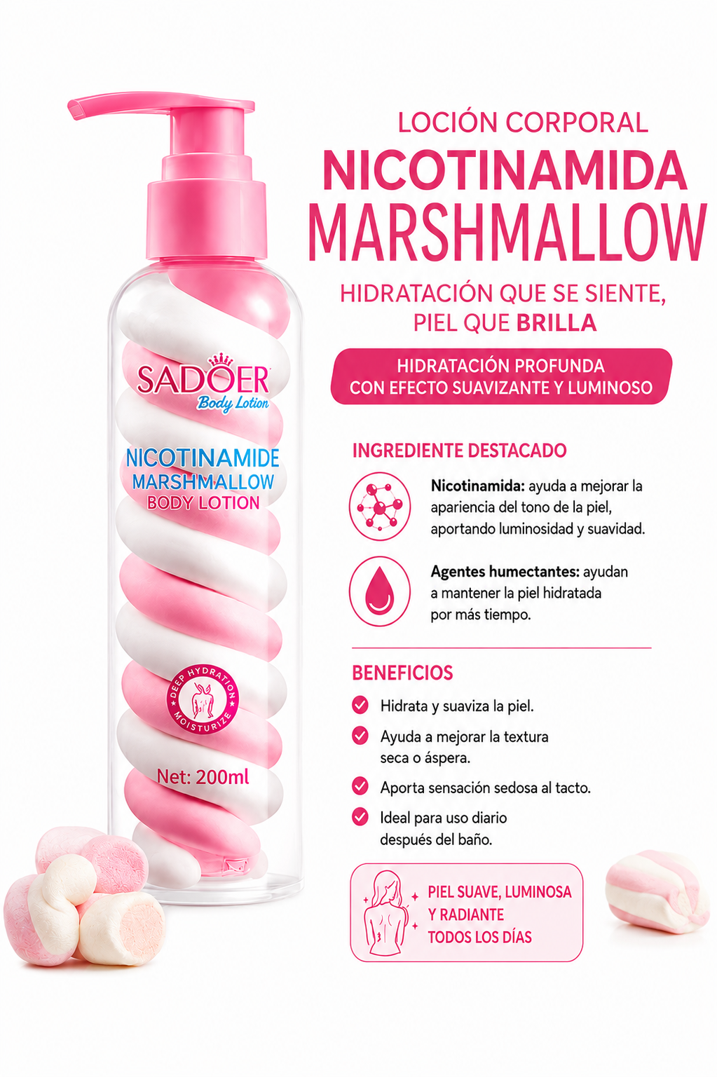 LOCION CORPORAL NICOTINAMIDA SADOER HIDRATANTE Y SUAVIZANTE MARSHMALLOW X200ML Ref:B141