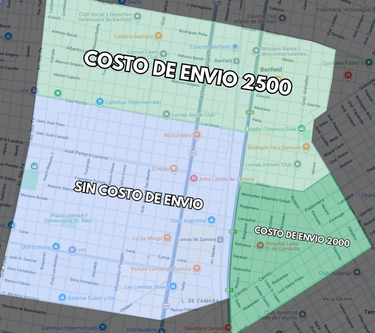 Zona de cobertura de delivery en Lomas de Zamora