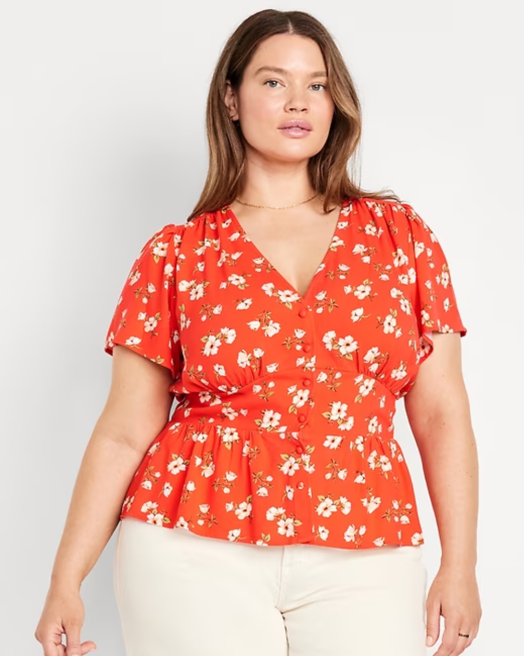 Red Floral V-Neck Button Down Top view 1 - Timeless Closet Sri Lanka