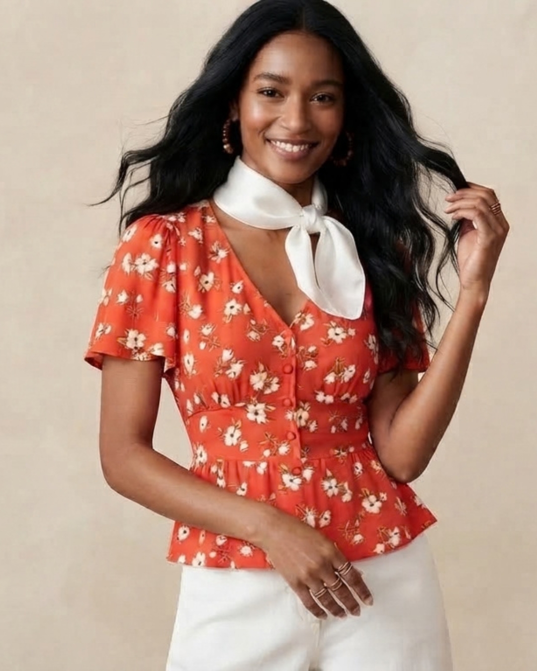 Red Floral V-Neck Button Down Top view 5 - Timeless Closet Sri Lanka