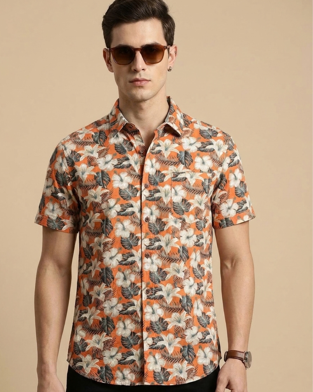 Orange Printed Short Sleeve Shirt view 1 - Timeless Closet Sri Lanka
