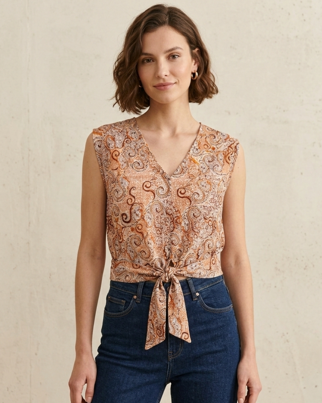 Brown Paisley Print Tie Top view 2 - Timeless Closet Sri Lanka