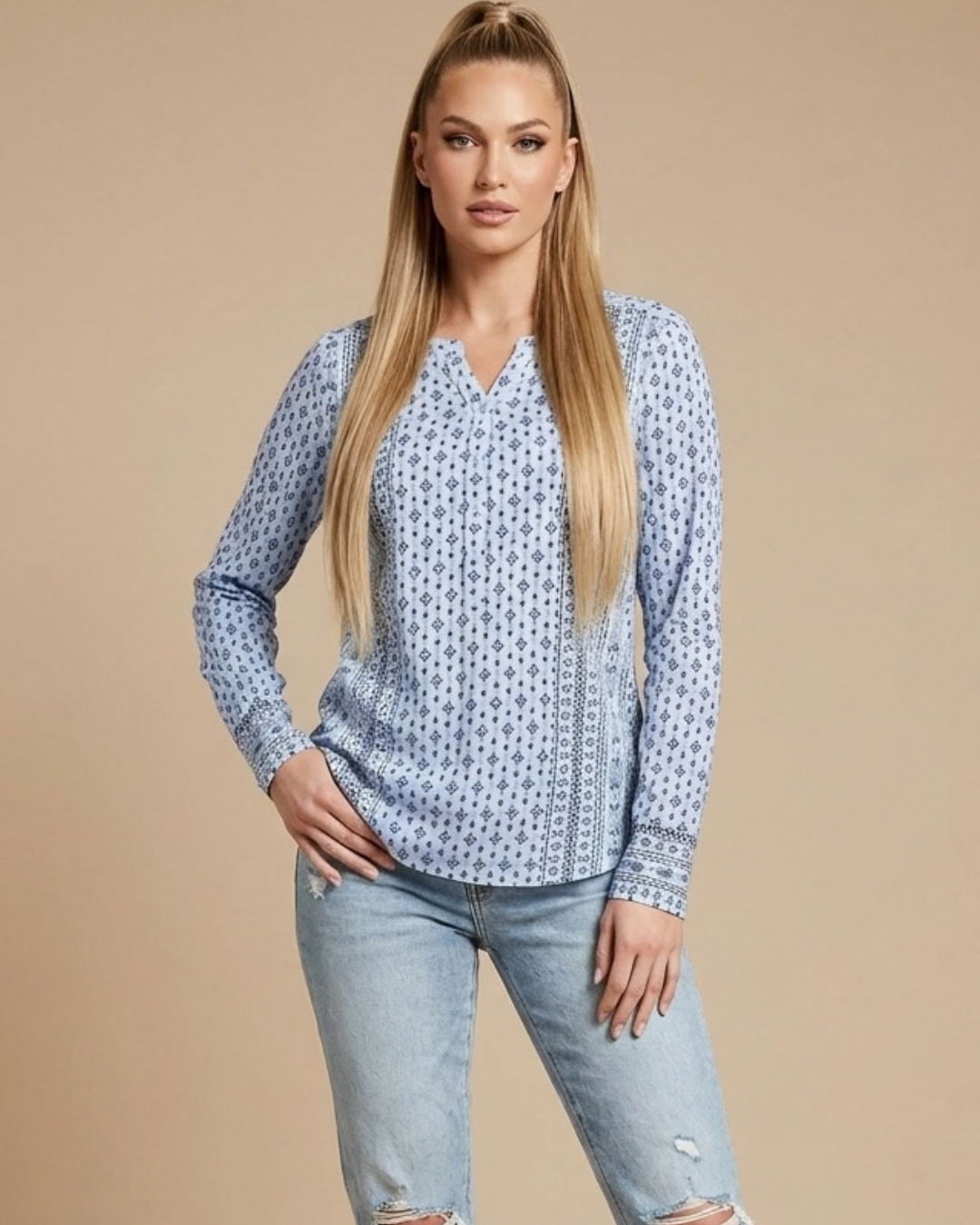 Geometry Print Long Sleeve Top view 2 - Timeless Closet Sri Lanka