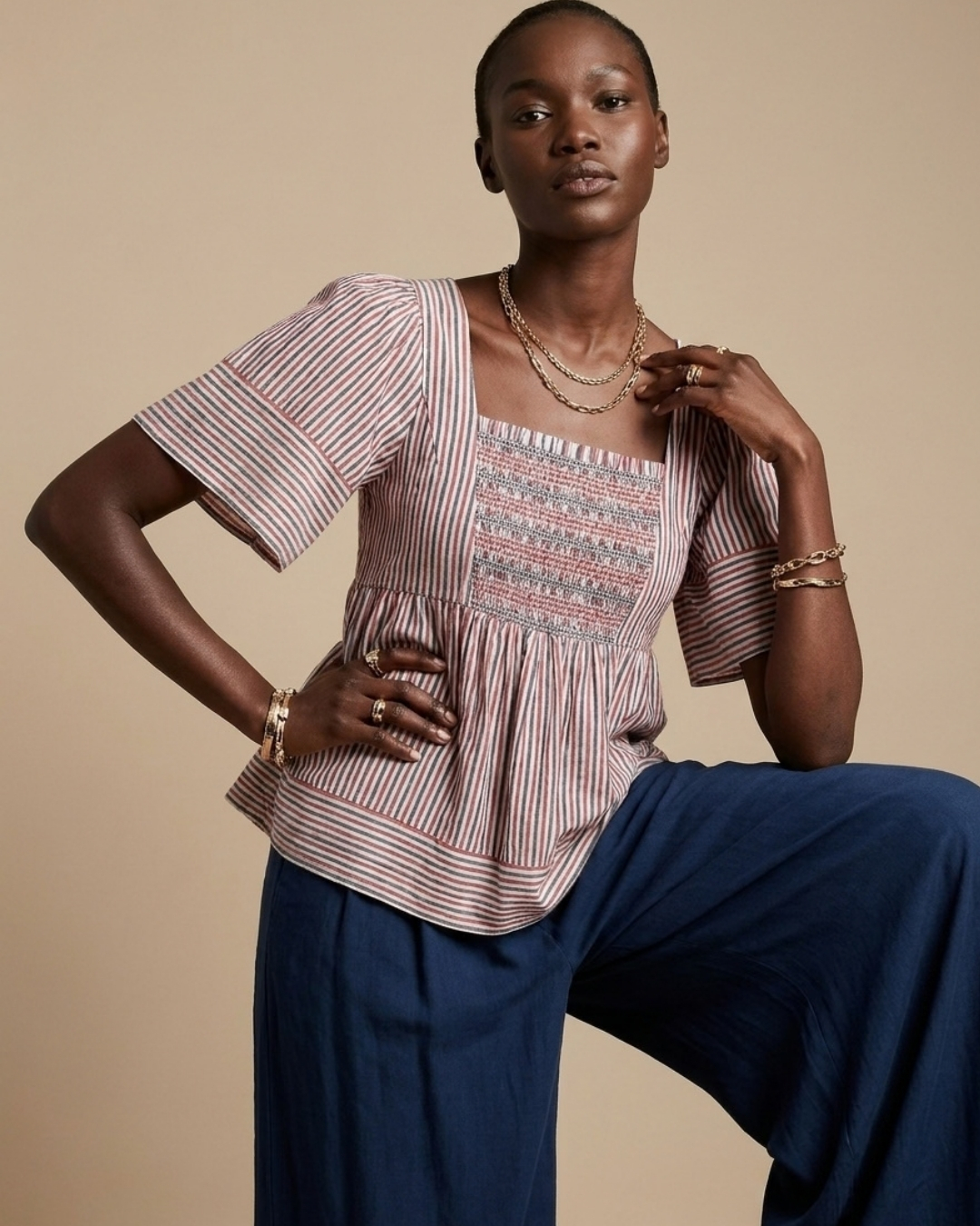 Red and Blue Stripe Puff Top view 1 - Timeless Closet Sri Lanka