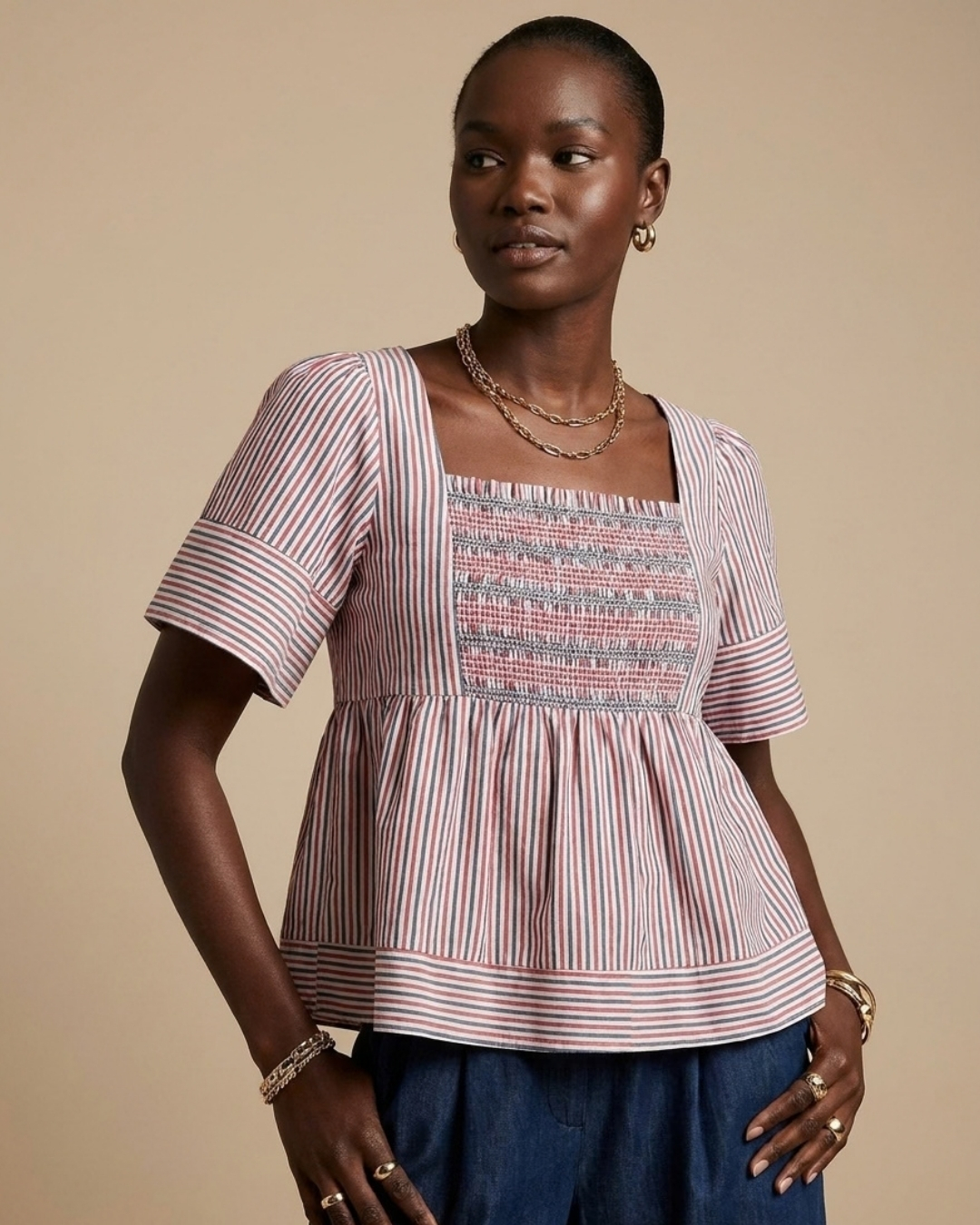 Red and Blue Stripe Puff Top view 2 - Timeless Closet Sri Lanka