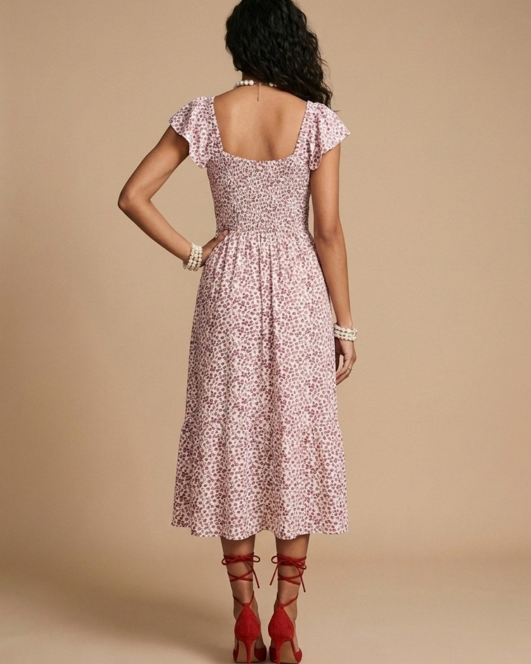 Red and White Floral Dress view 2 - Timeless Closet Sri Lanka