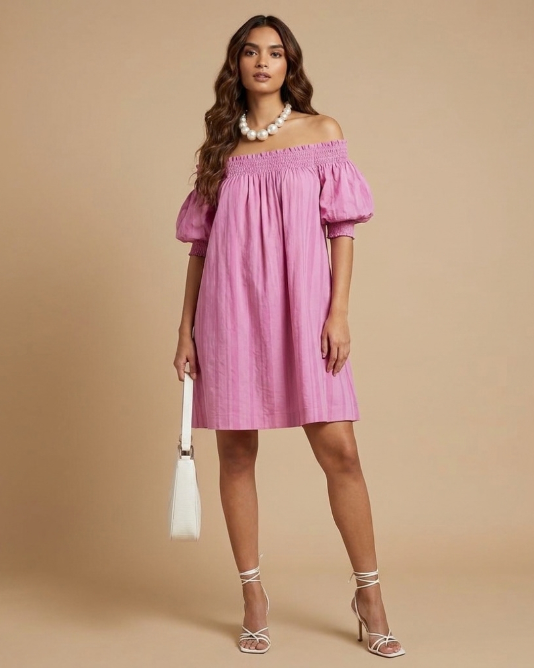 Pink Stripe Off Shoulder Dress view 2 - Timeless Closet Sri Lanka