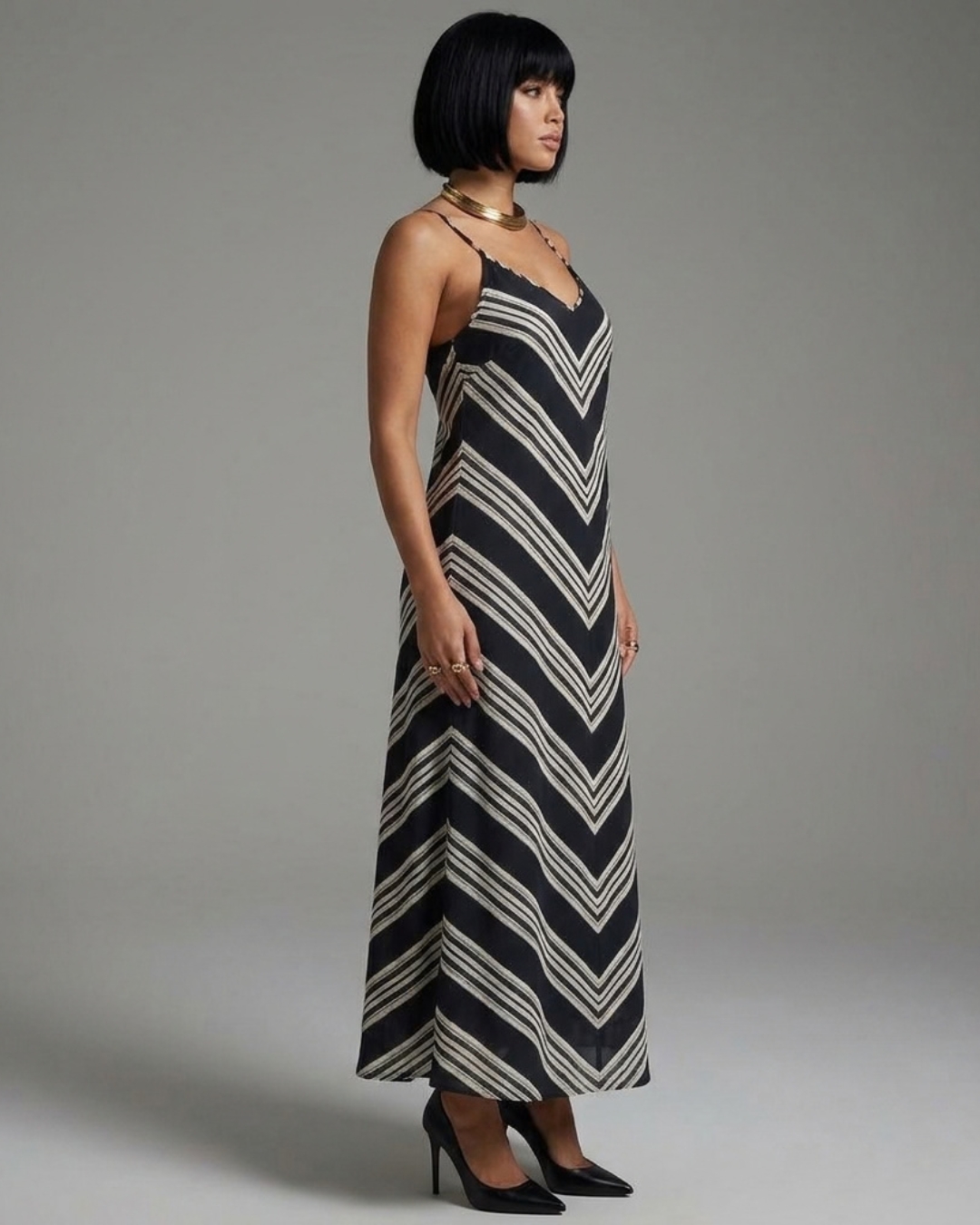 Black and White Stripe Long Dress view 2 - Timeless Closet Sri Lanka