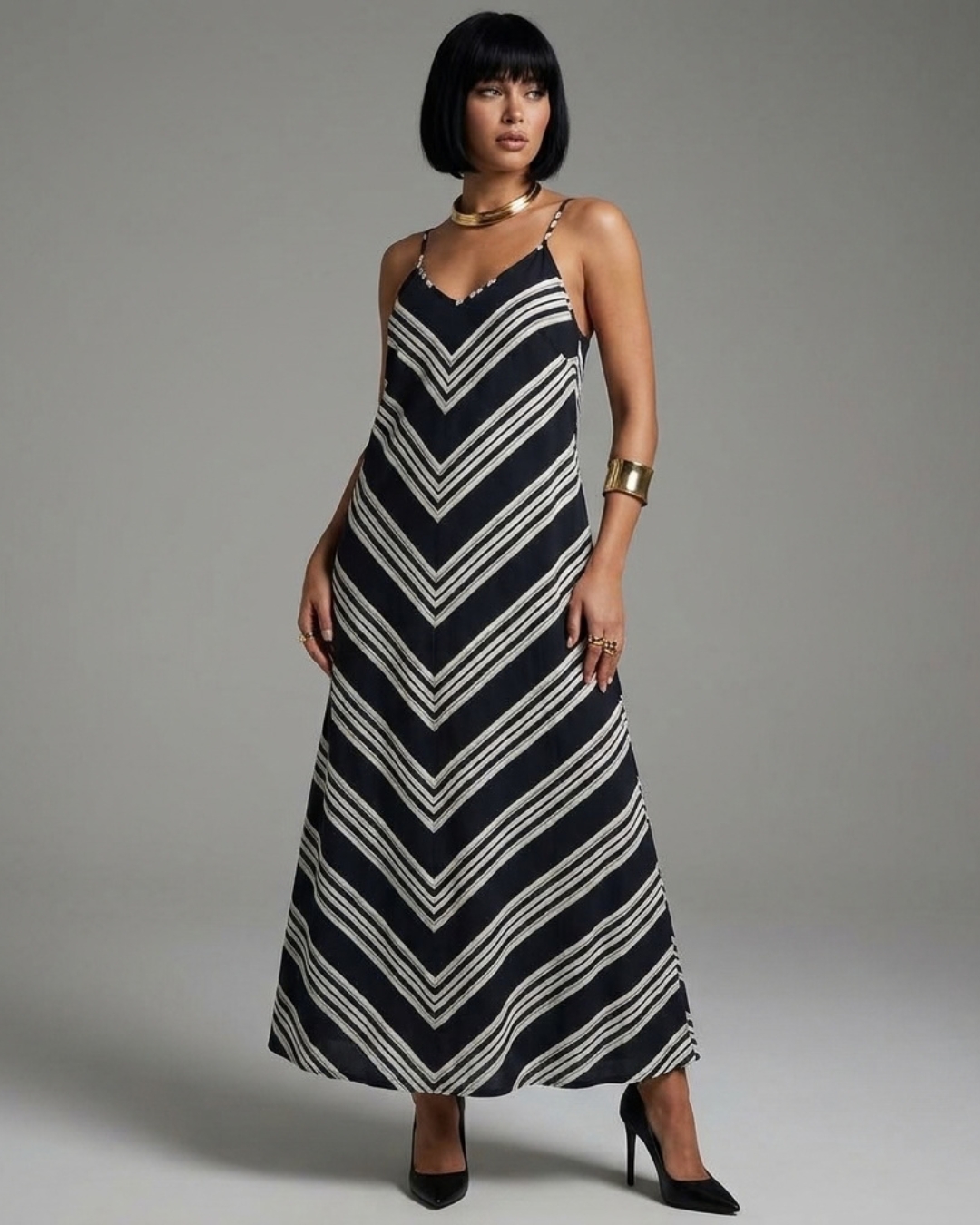 Black and White Stripe Long Dress view 3 - Timeless Closet Sri Lanka