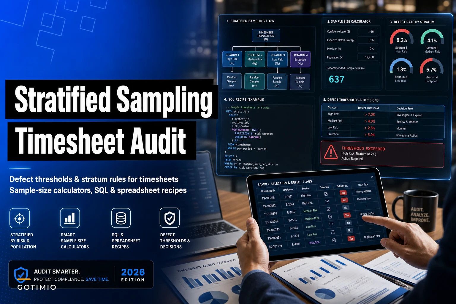 A timesheet audit sampling method HR can run — stratified sampling, defect thresholds and SQL/spreadsheet recipes