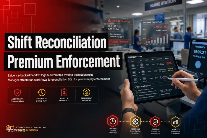 Healthcare shift-overlap reconciliation for premium pay enforcement