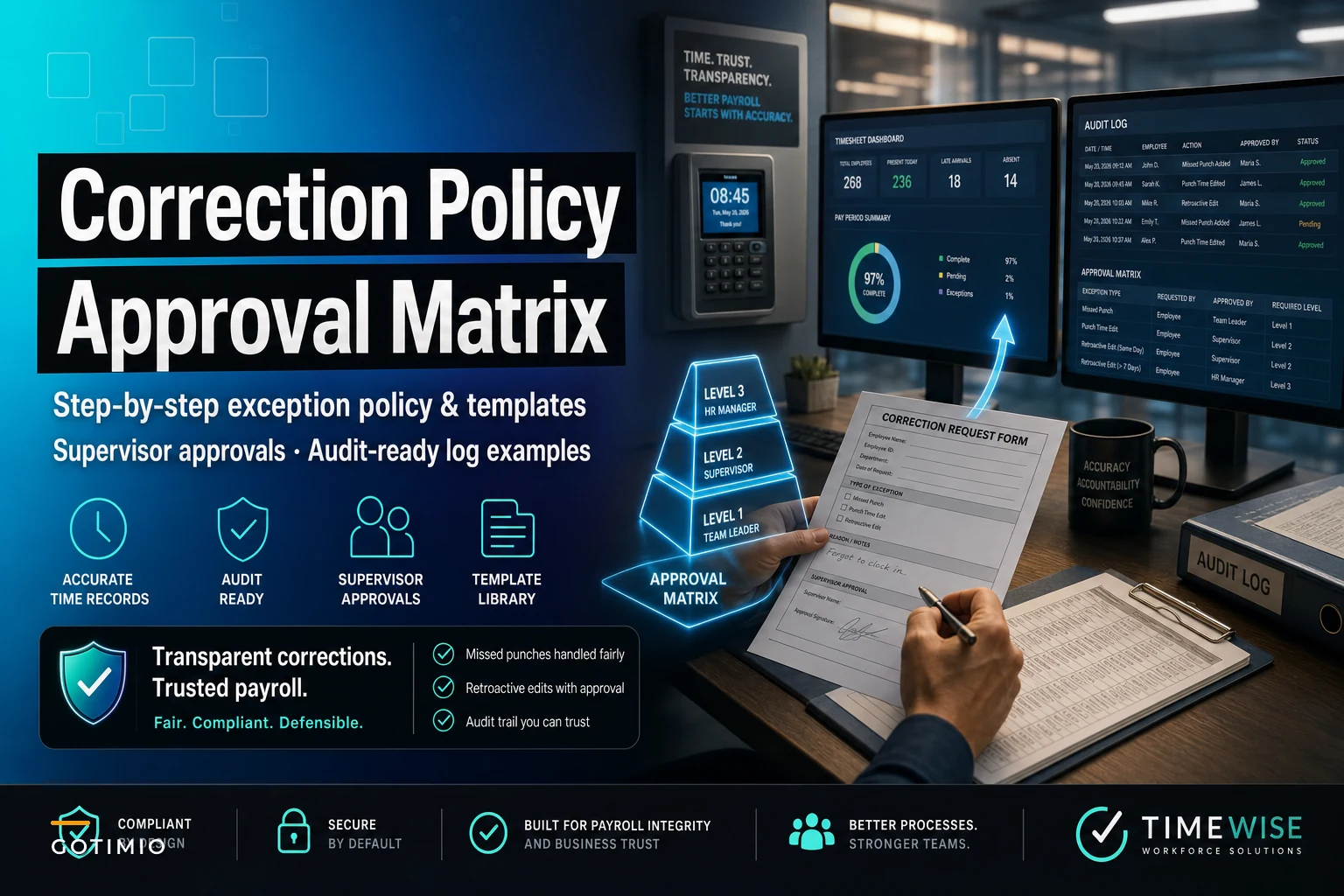 Missed punches and retroactive edits: an auditable correction policy with approval matrix and supervisor templates