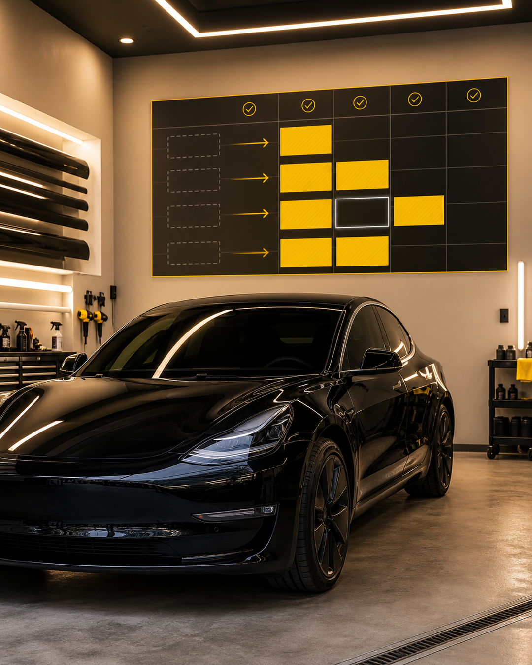 A black sedan in a warm tint bay beneath an abstract yellow appointment board showing confirmed blocks and one open slot.