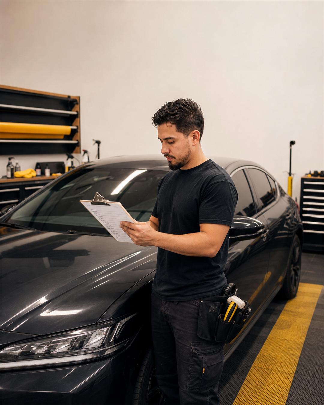 A solo automotive window tinter reviews a clipboard beside a dark sedan in an organized workshop.