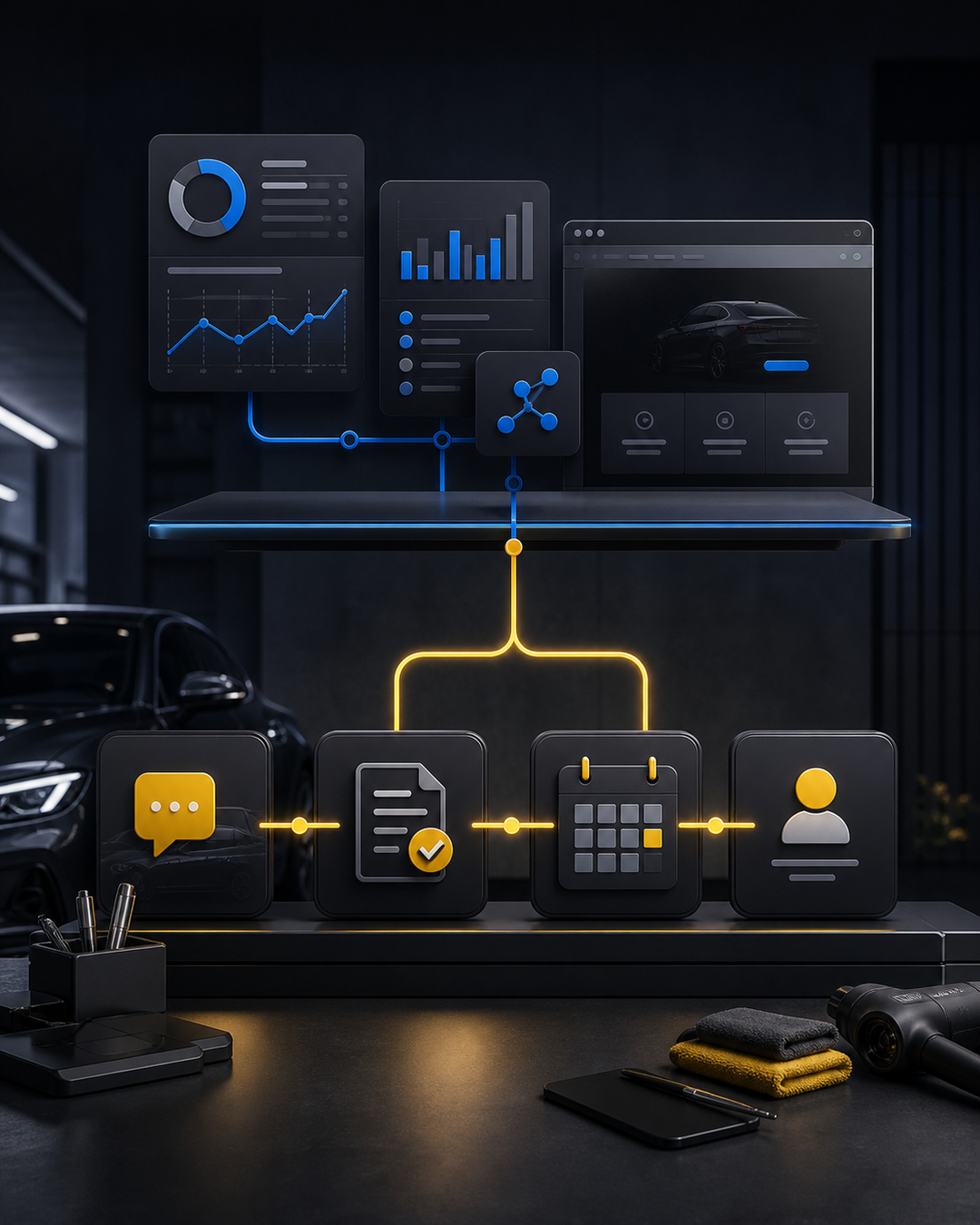 A connected tint-shop workflow rising from customer operations into an advanced decision layer