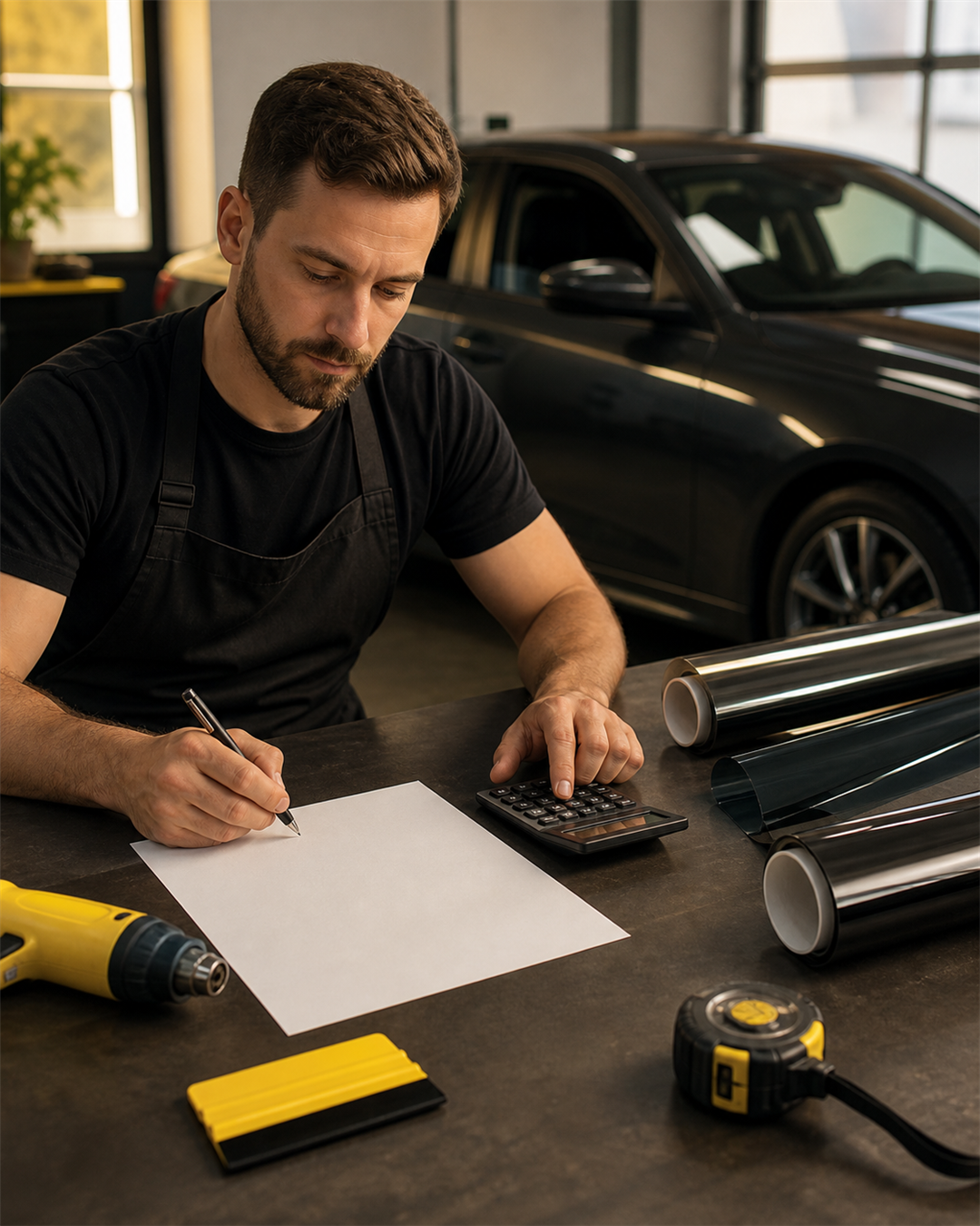 Solo automotive tinter calculating a clear estimate at a workbench with film rolls beside a dark sedan.
