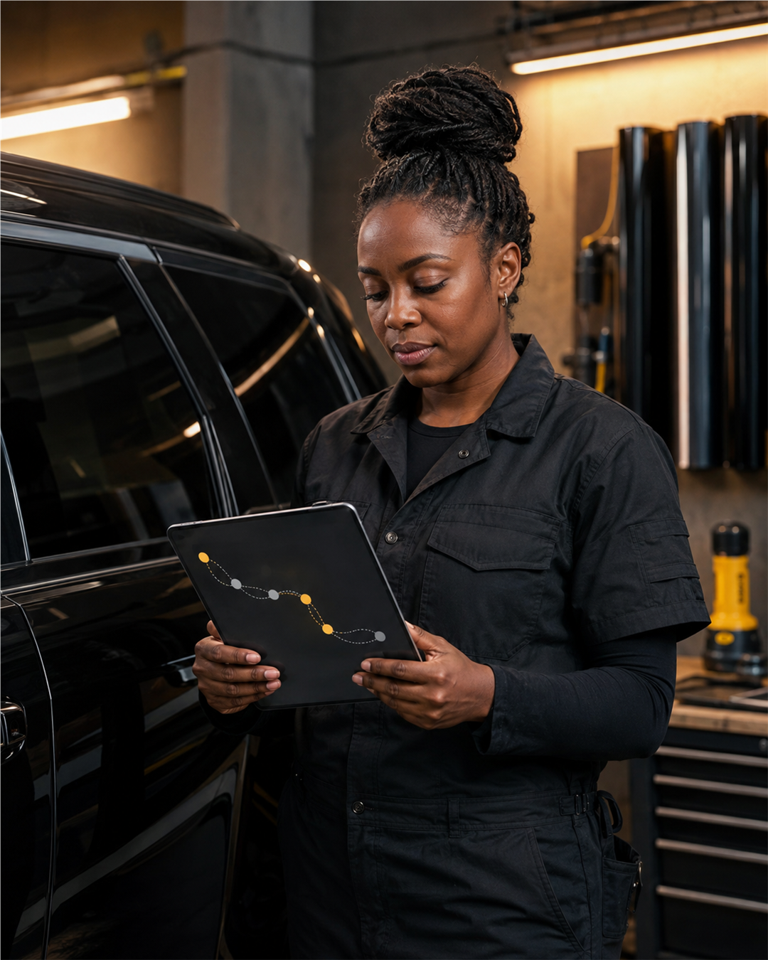 Black woman automotive window-tint shop owner reviewing an abstract customer-journey path beside a tinted vehicle
