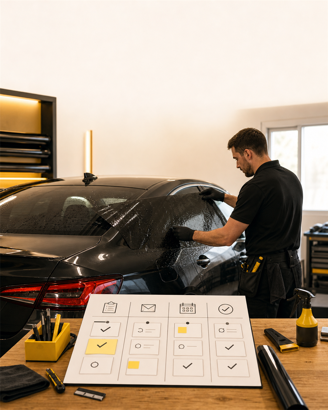 Solo window-tint technician applies film to a car in an organized warm workshop beside a simple abstract workflow board with no readable customer information.