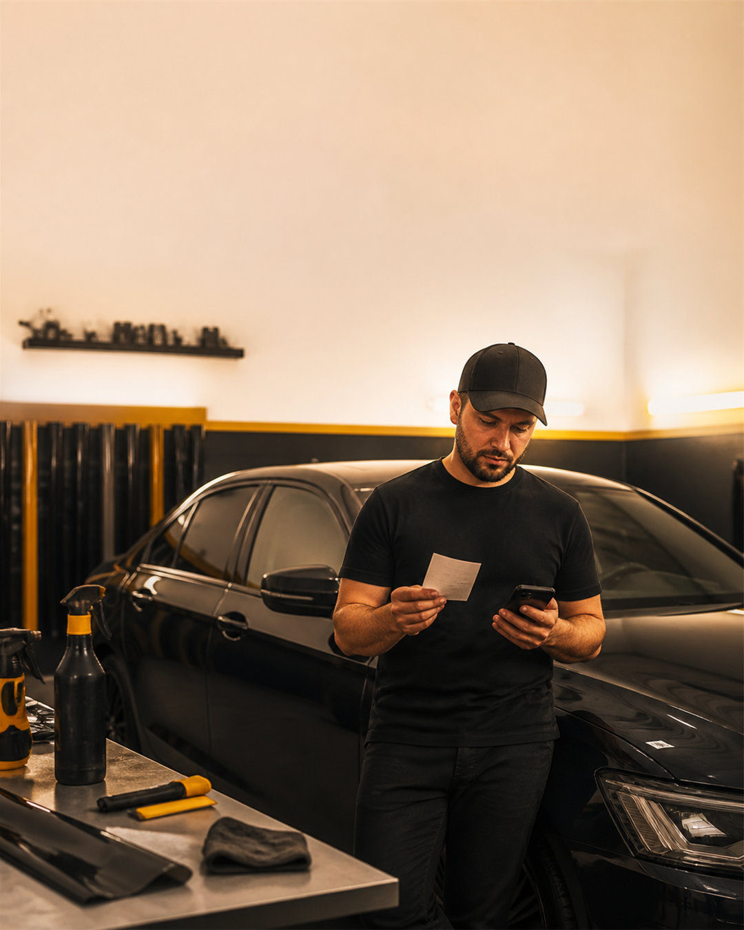 A solo automotive window tinter in a warm, organized workshop reviewing an appointment card beside a dark sedan.