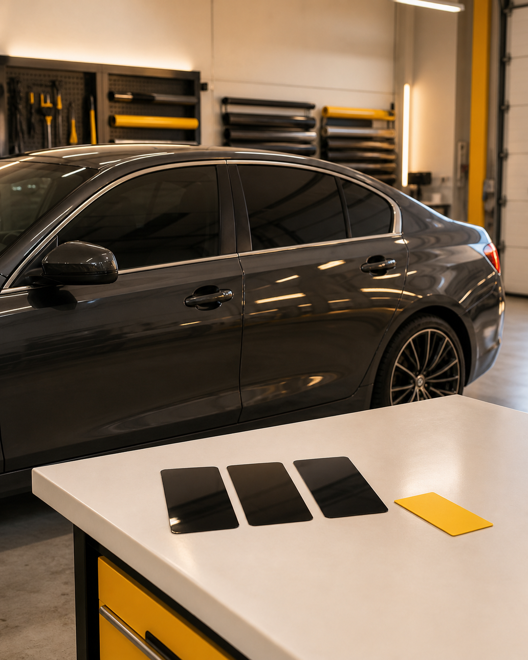 A dark sedan with tinted side windows in a warm automotive tint bay, with three unlabeled film swatches and a yellow card on a worktable.