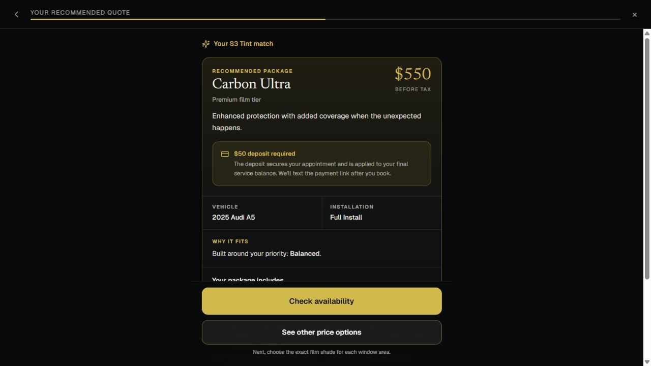 Tint Bolt customer quote result showing an unblurred package price, deposit, selected vehicle, installation, and availability step