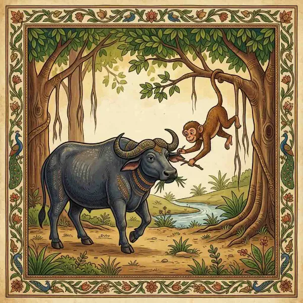 The Patient Buffalo and the Mischievous Monkey