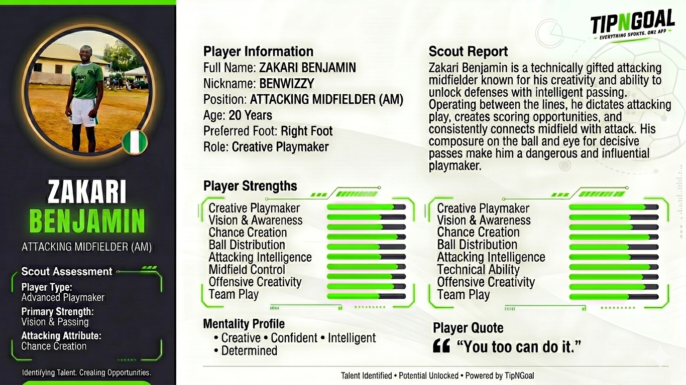 TipNGoal Player Focus: Meet ZAKARI BENJAMIN
