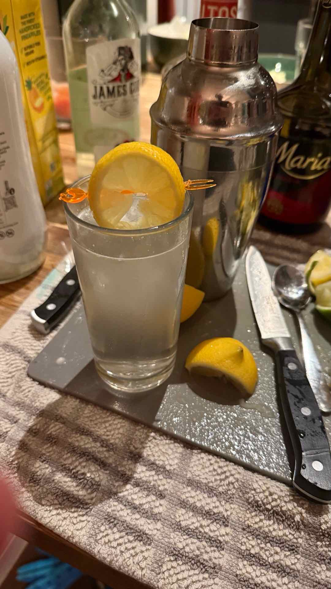 Community photo of a Tom Collins cocktail: COCKTAIL DUMP. No.7 of 7 - Look there was at least an attempt with the lemon, I tried ok…I’m not a big fan of gin as it’s worryingly easy to drink.