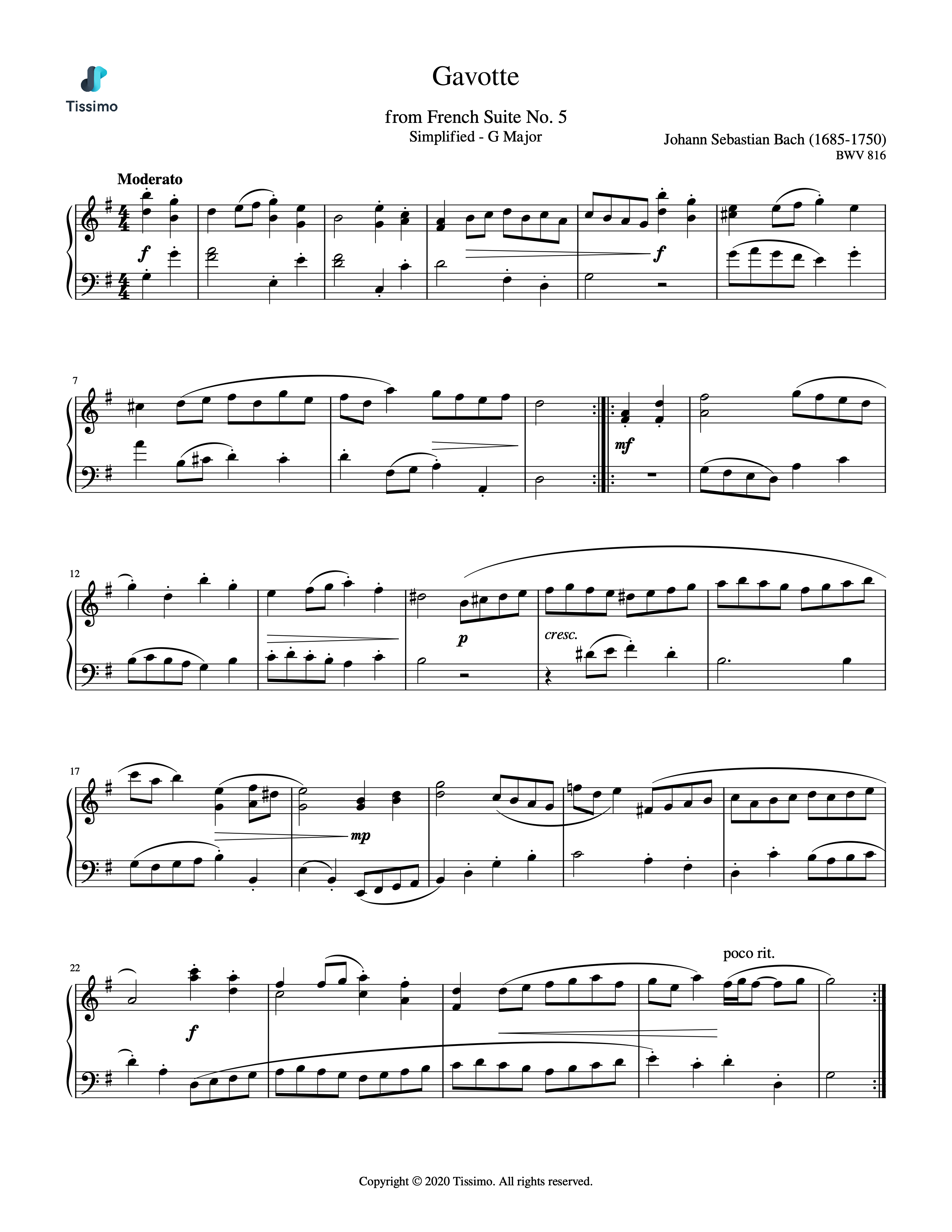 Sheet music preview for Gavotte in G Major, BWV 816 by Johann Sebastian Bach