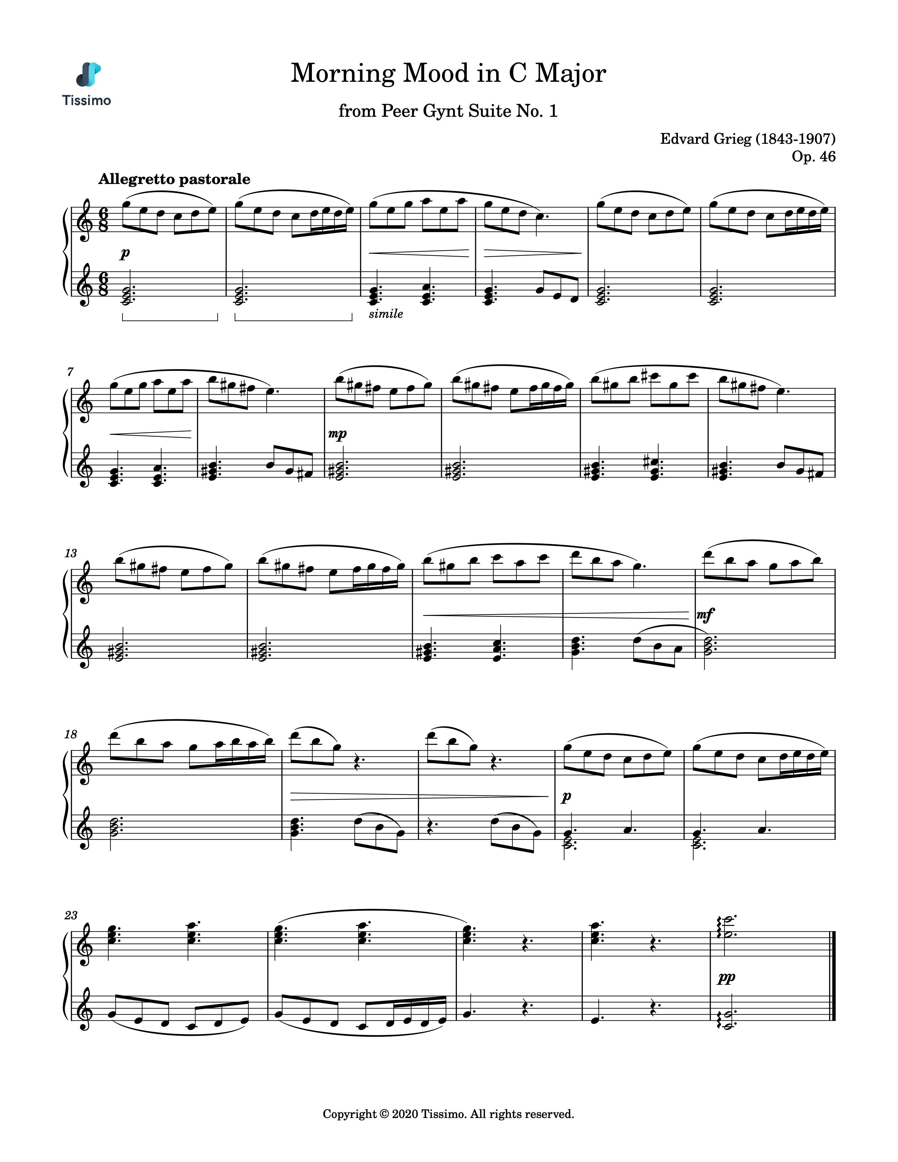 Sheet music preview for Morning Mood in C Major, Op. 46 by Edvard Hagerup Grieg