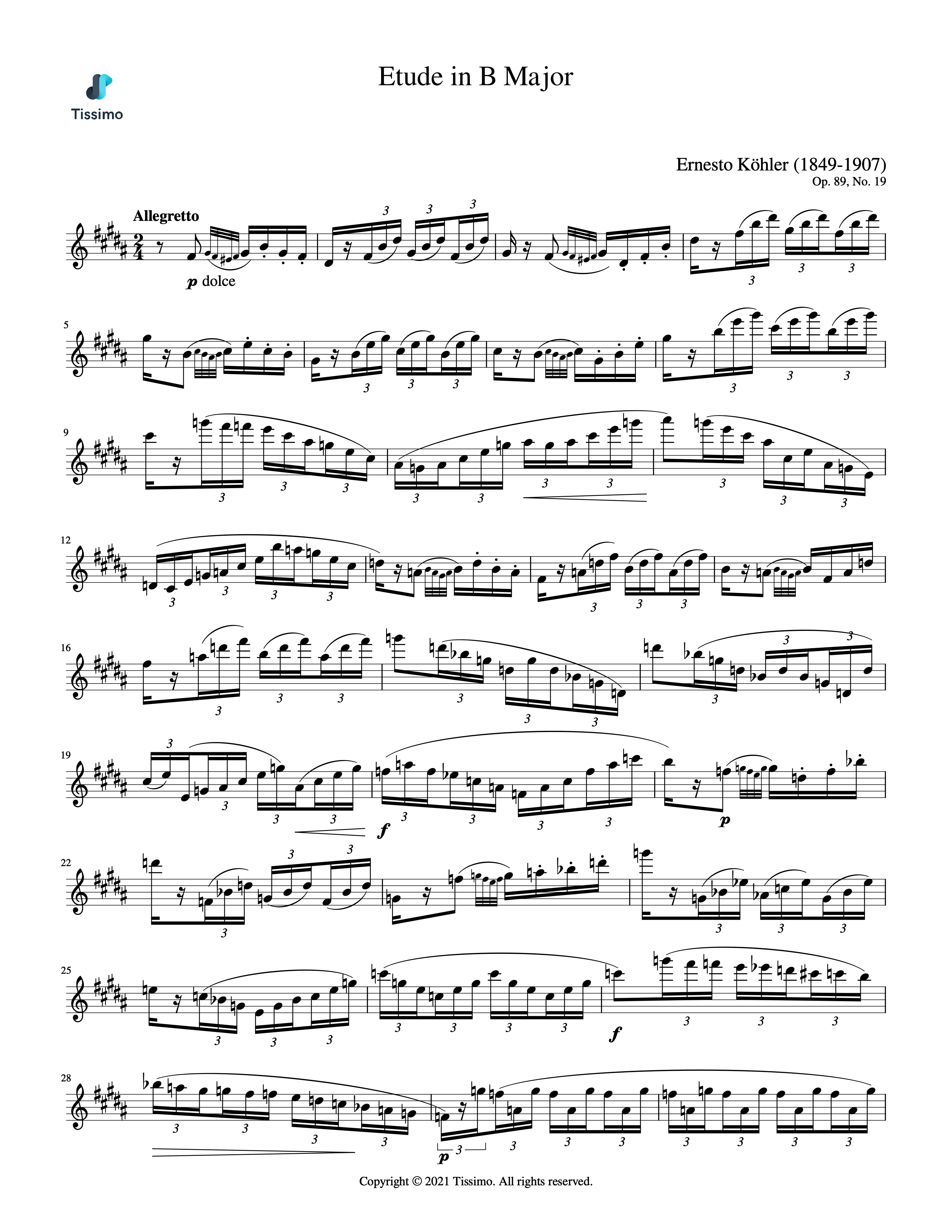 Sheet music preview for Etude in B Major, Op. 89, No. 19 by Ernesto Kohler