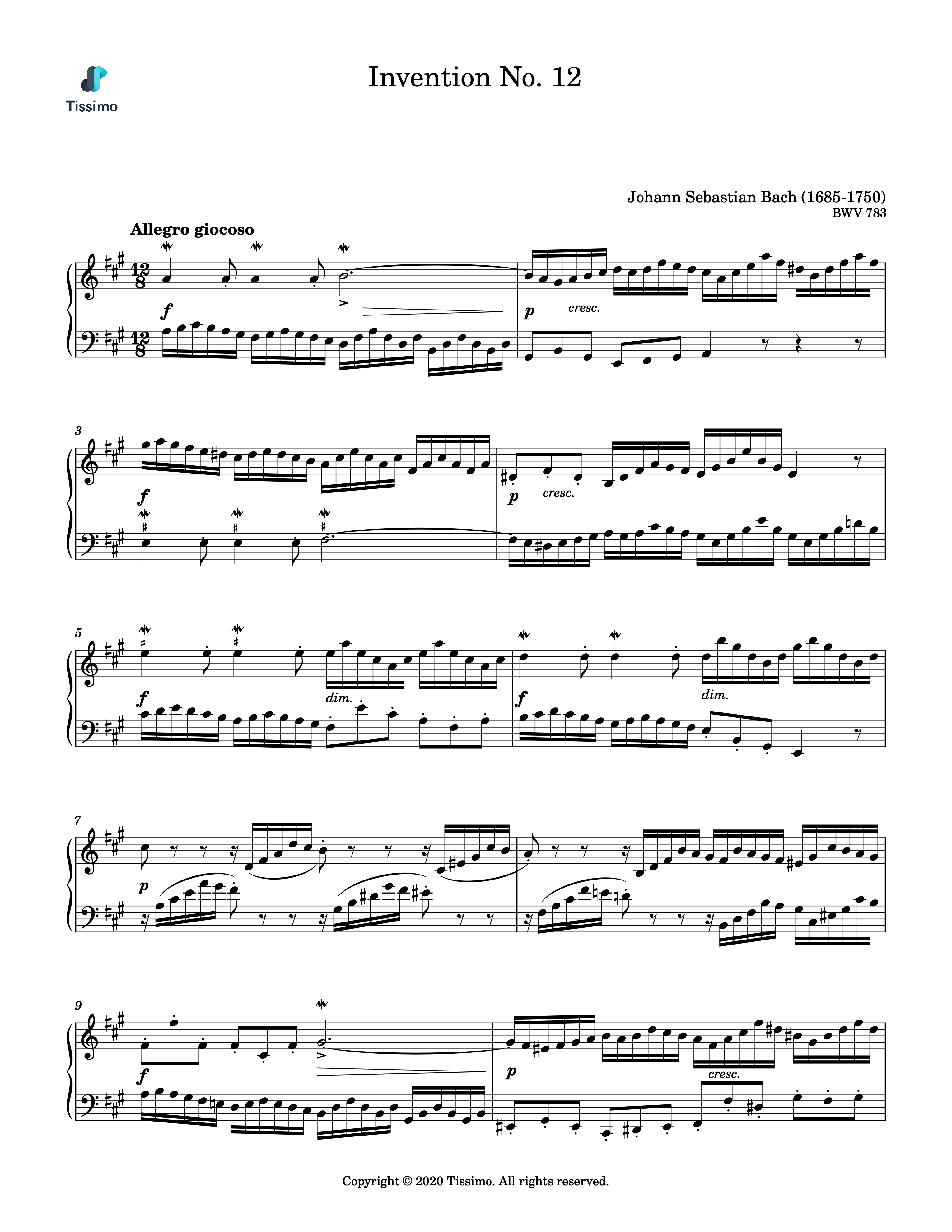 Sheet music preview for Invention No. 12, BWV 783 by Johann Sebastian Bach