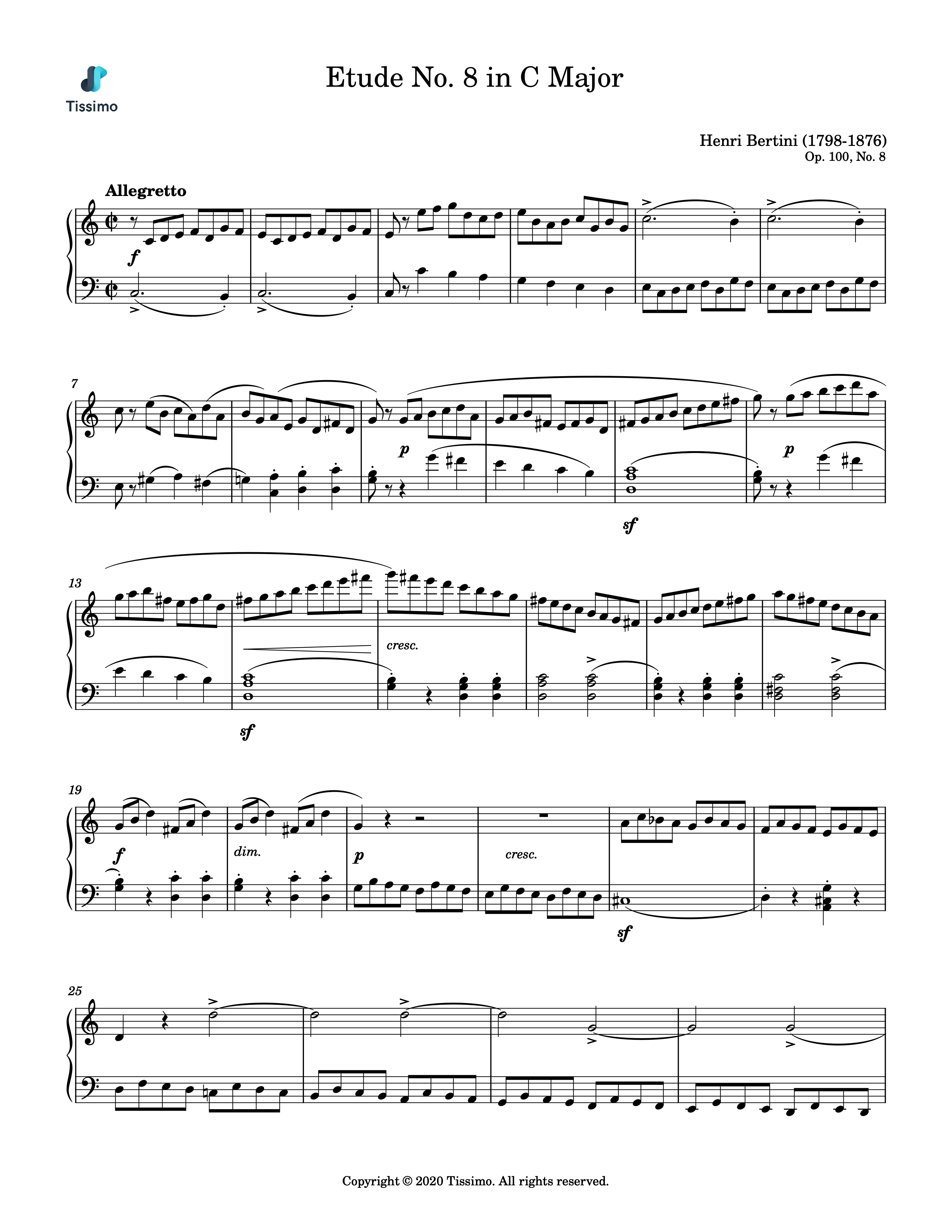Sheet music preview for Etude in C Major, Op. 100, No. 8 by Henri Bertini