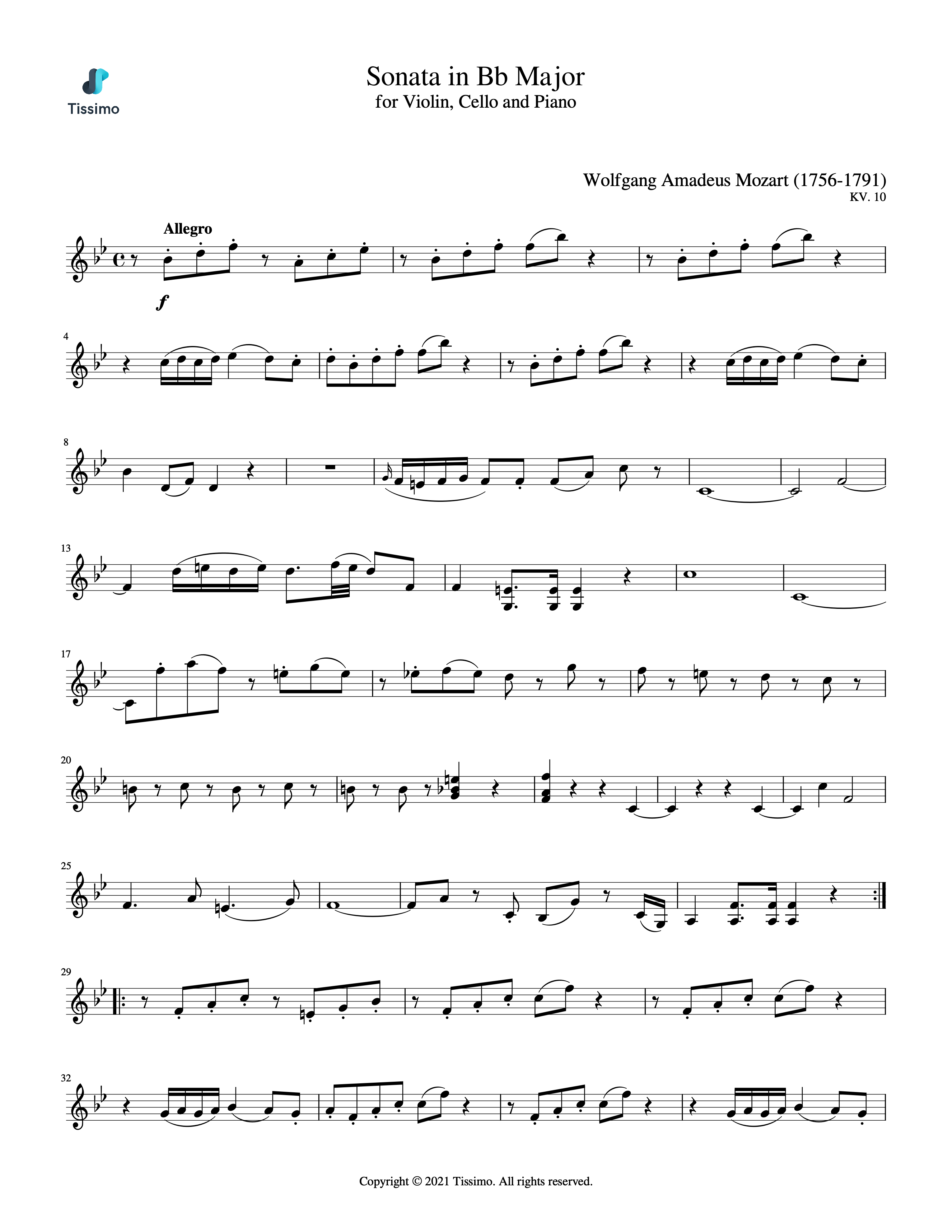 Sheet music preview for Sonata in Bb Major, KV. 10 by Wolfgang Amadeus Mozart