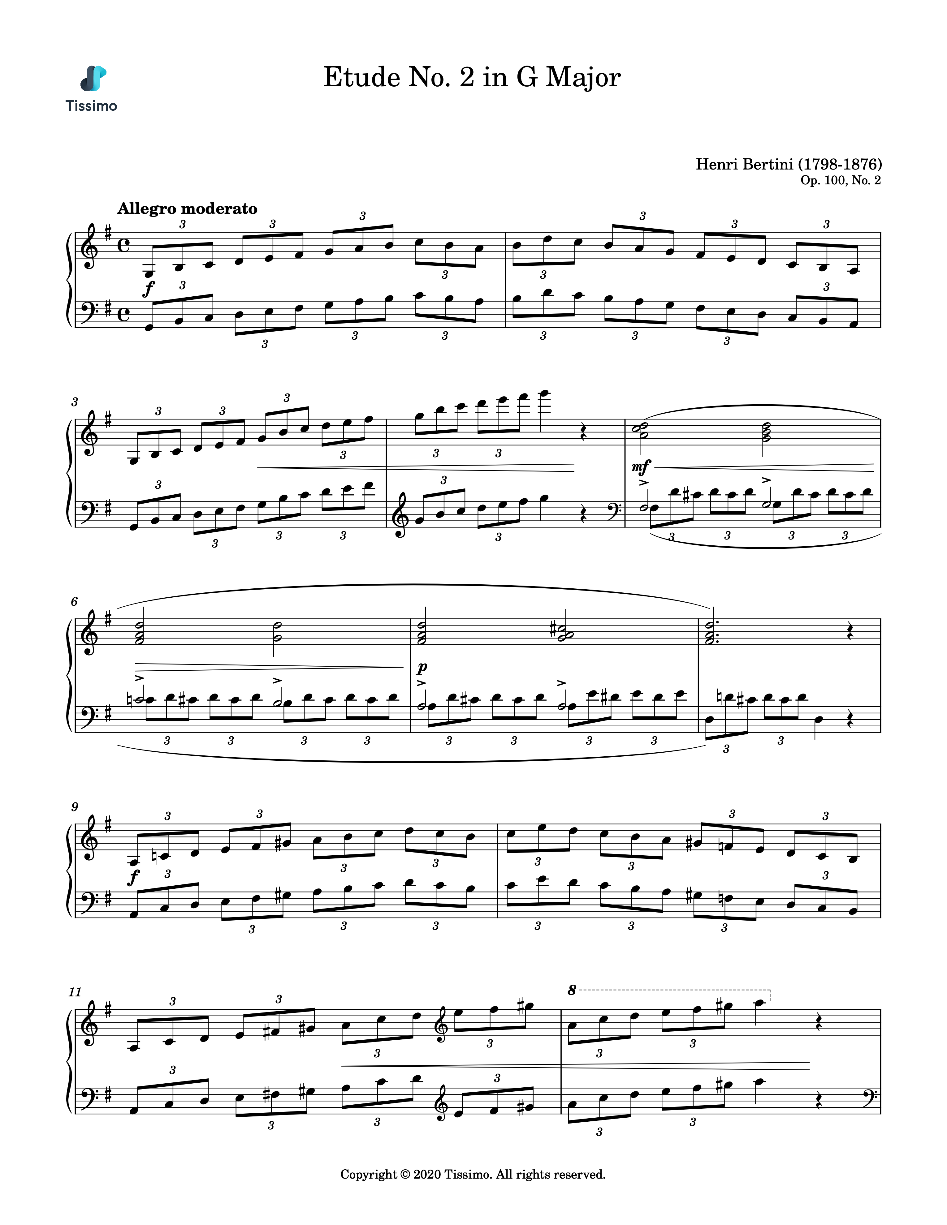 Sheet music preview for Etude in G Major, Op. 100, No. 2 by Henri Bertini