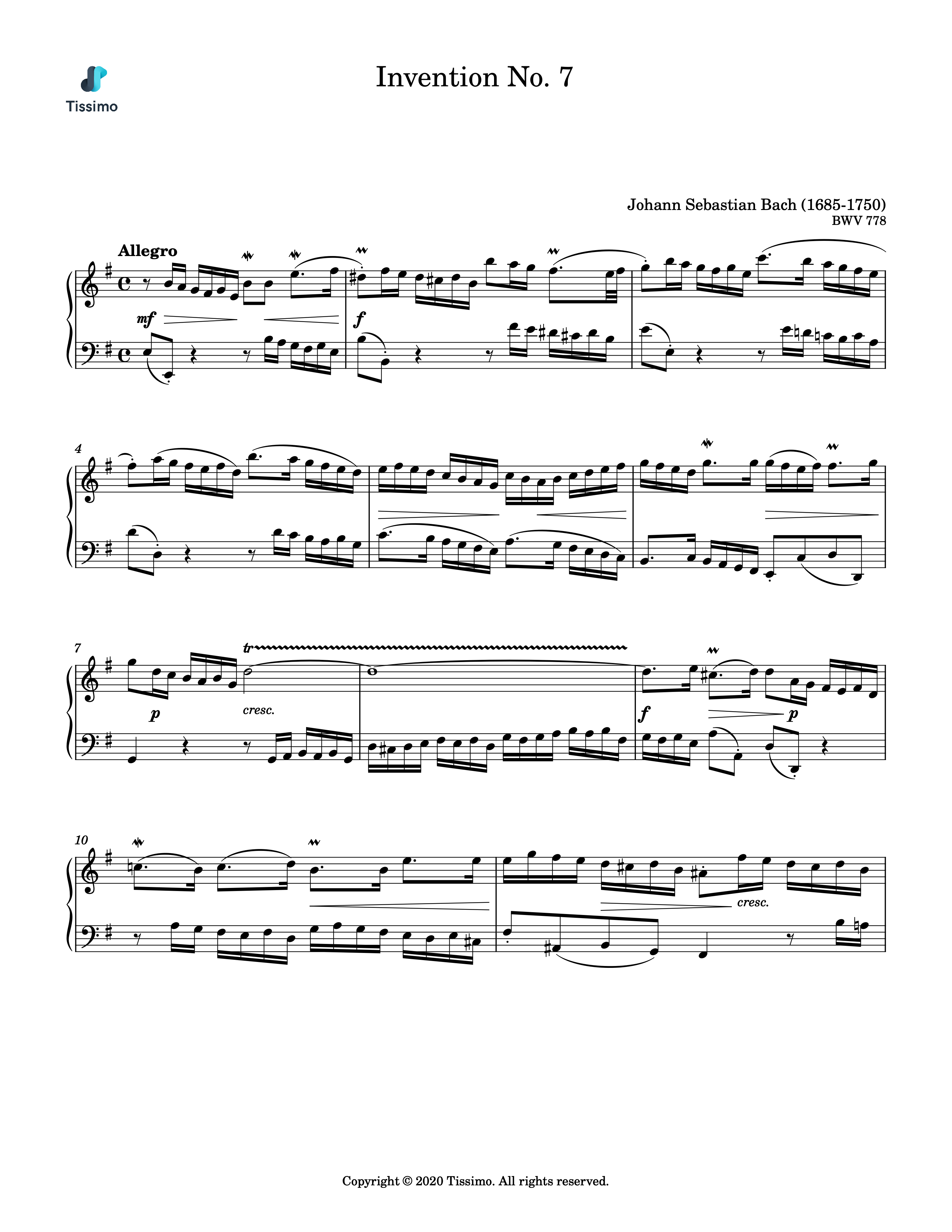 Sheet music preview for Invention No. 7, BWV 778 by Johann Sebastian Bach