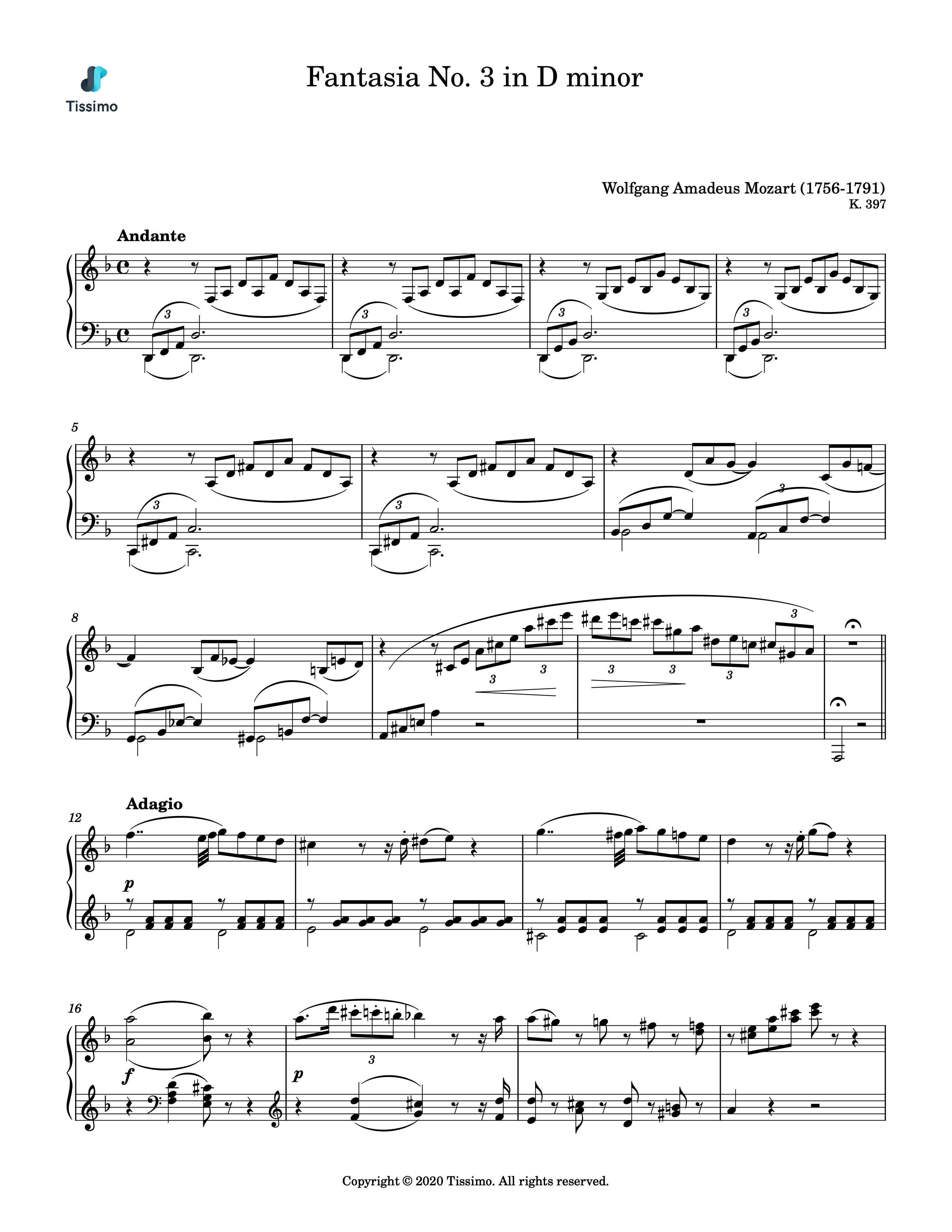 Sheet music preview for Fantasia No. 3 in D minor, K. 397 by Wolfgang Amadeus Mozart