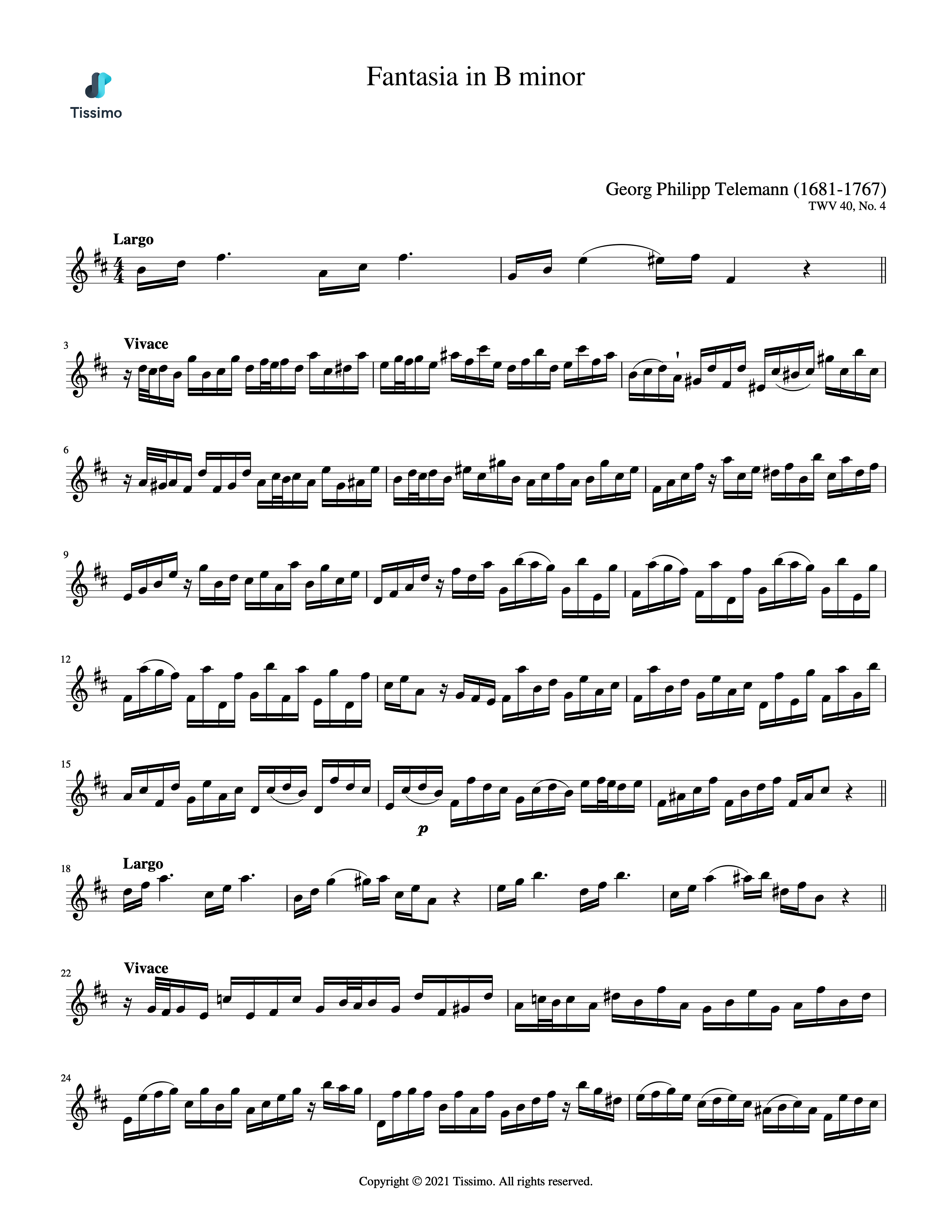 Sheet music preview for Fantasia in B Major, TWV 40, No. 4 by Georg Philipp Telemann