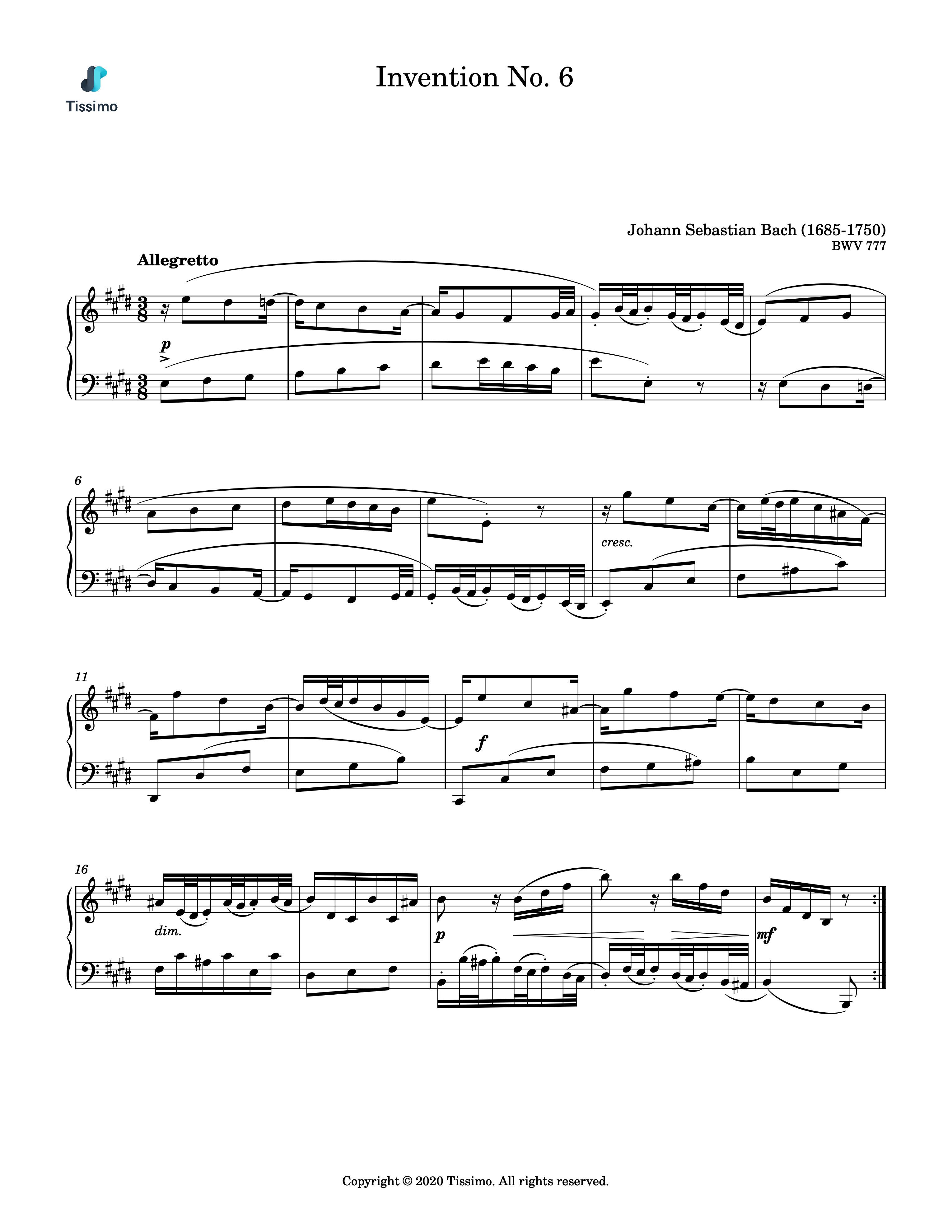 Sheet music preview for Invention No. 6, BWV 777 by Johann Sebastian Bach