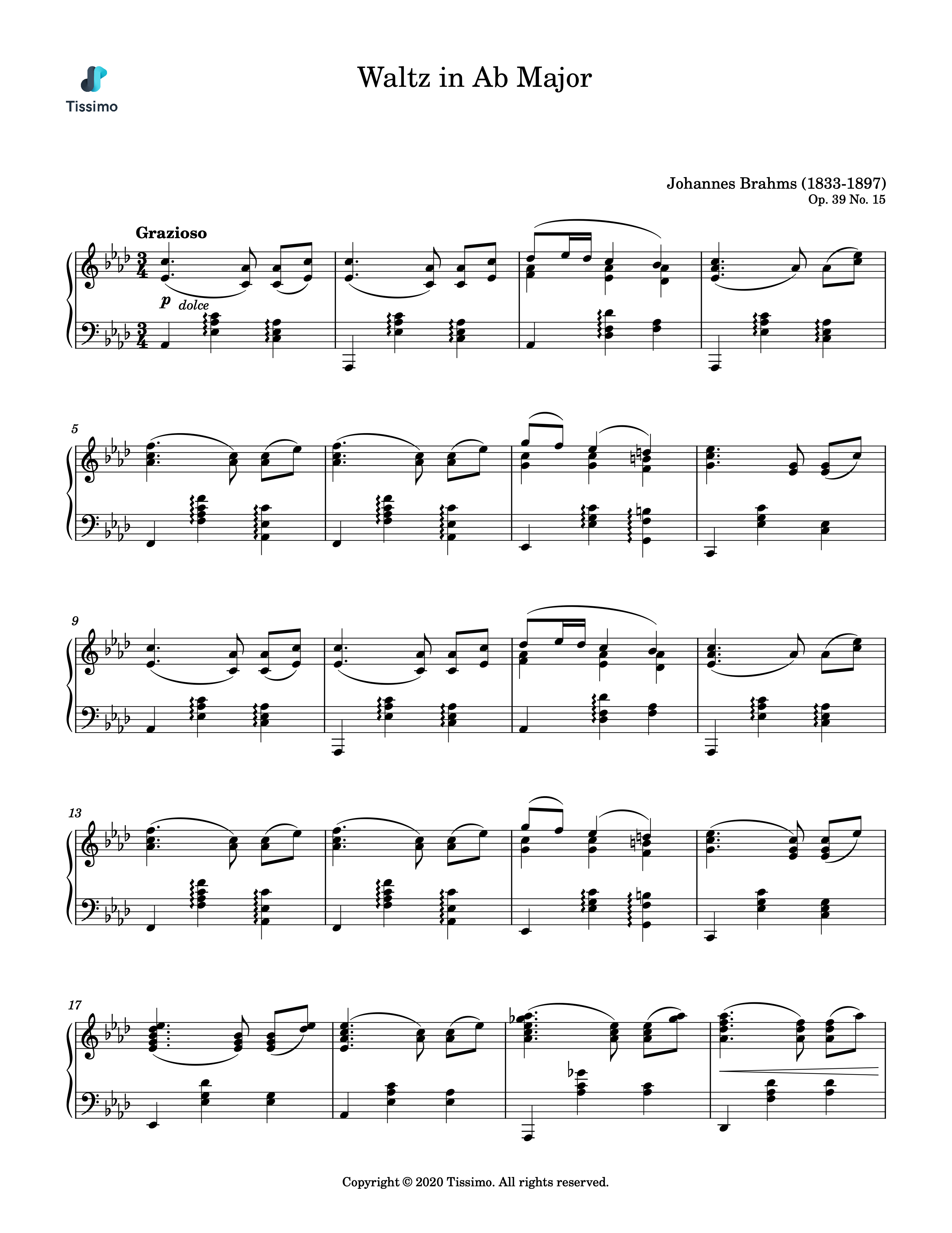 Sheet music preview for Waltz in Ab Major, Op. 39, No. 15 by Johannes Brahms