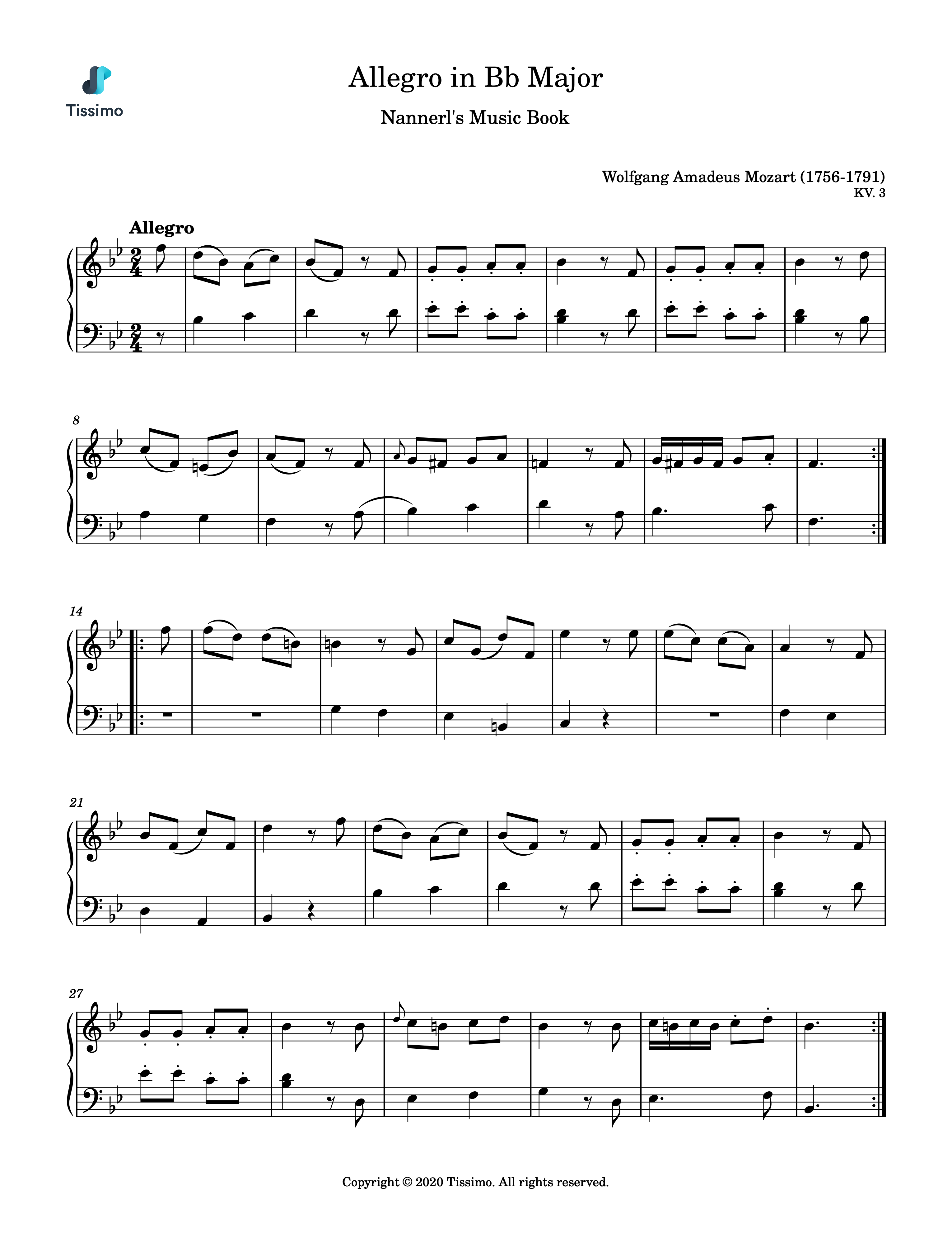 Sheet music preview for Allegro in Bb Major, KV. 3 by Wolfgang Amadeus Mozart