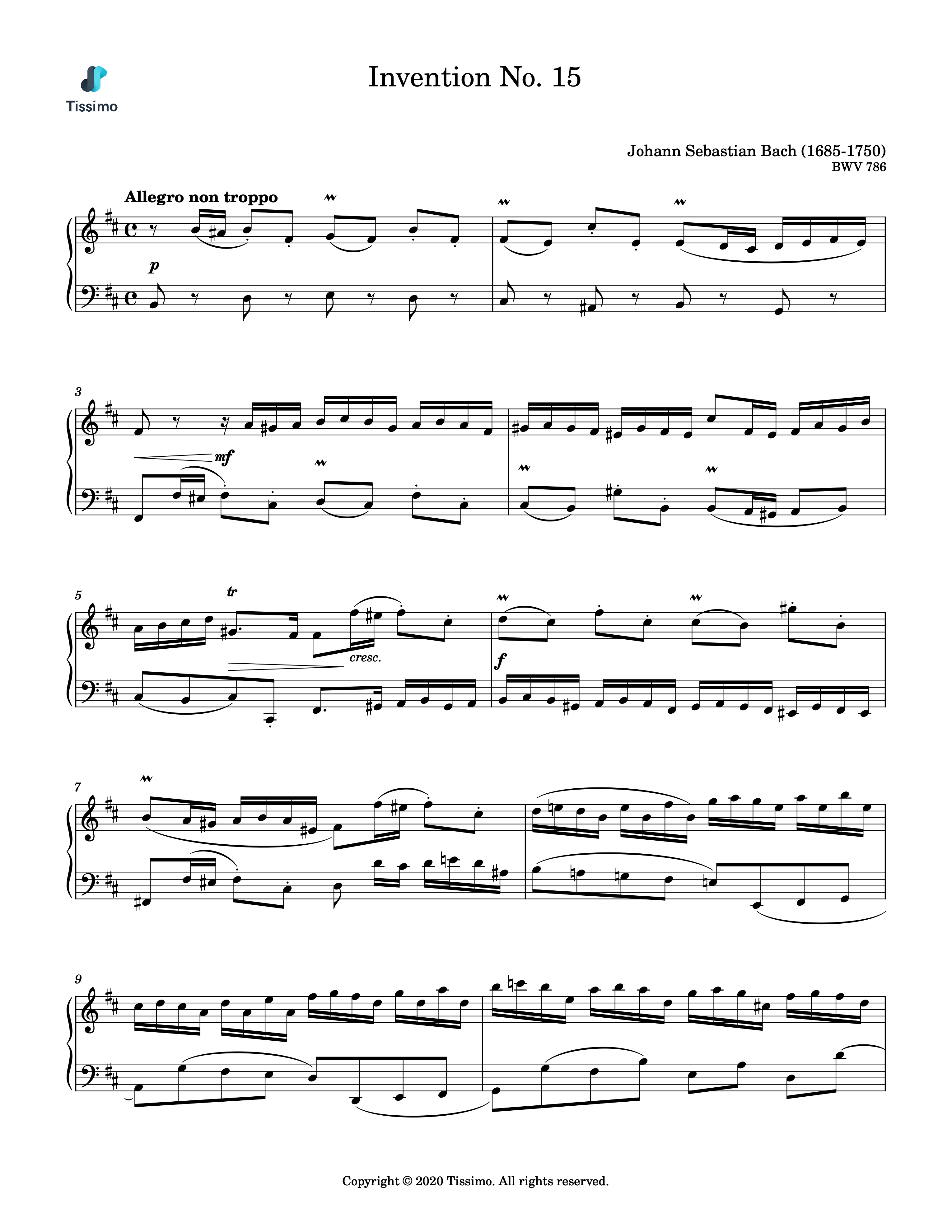 Sheet music preview for Invention No. 15, BWV 786 by Johann Sebastian Bach