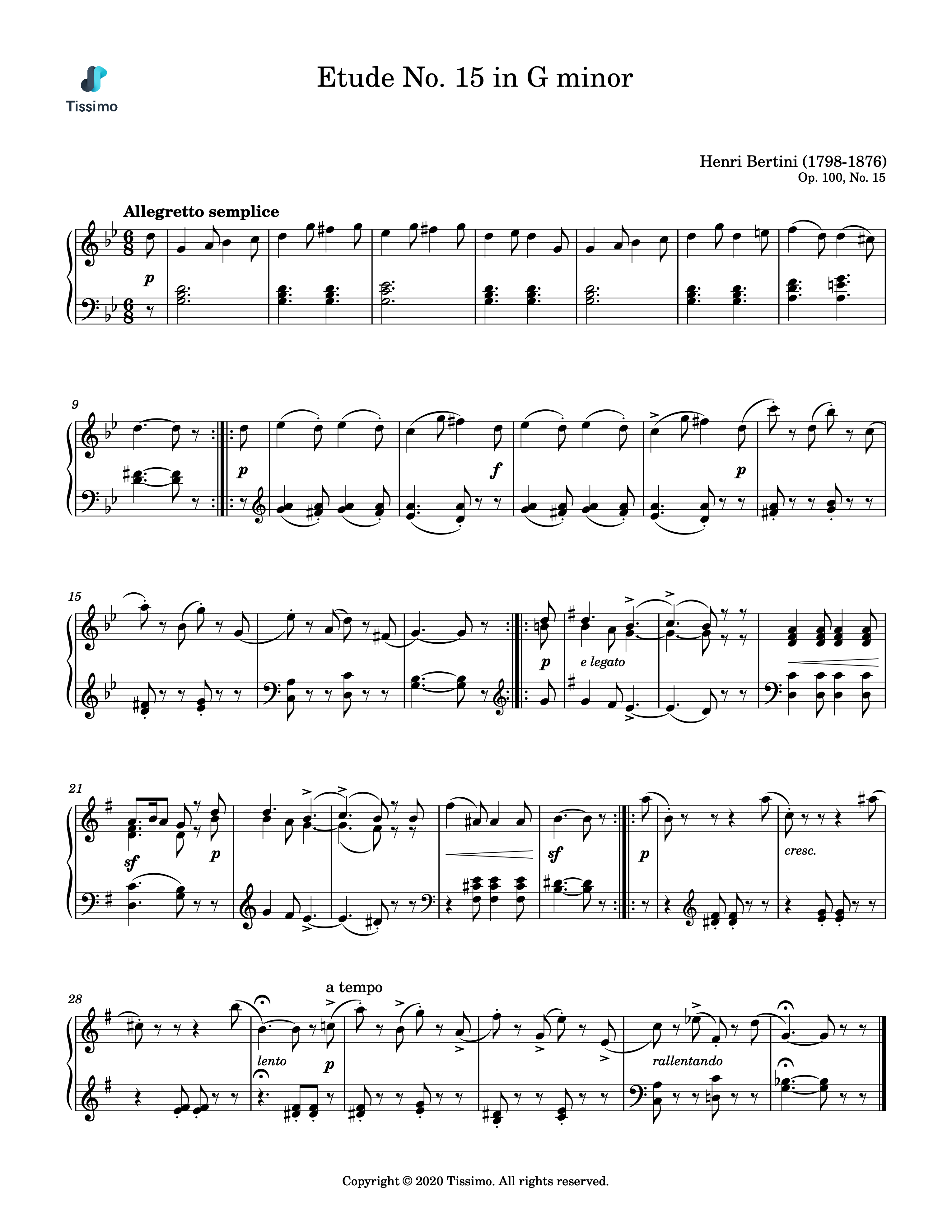 Sheet music preview for Etude in G minor, Op. 100, No. 15 by Henri Bertini