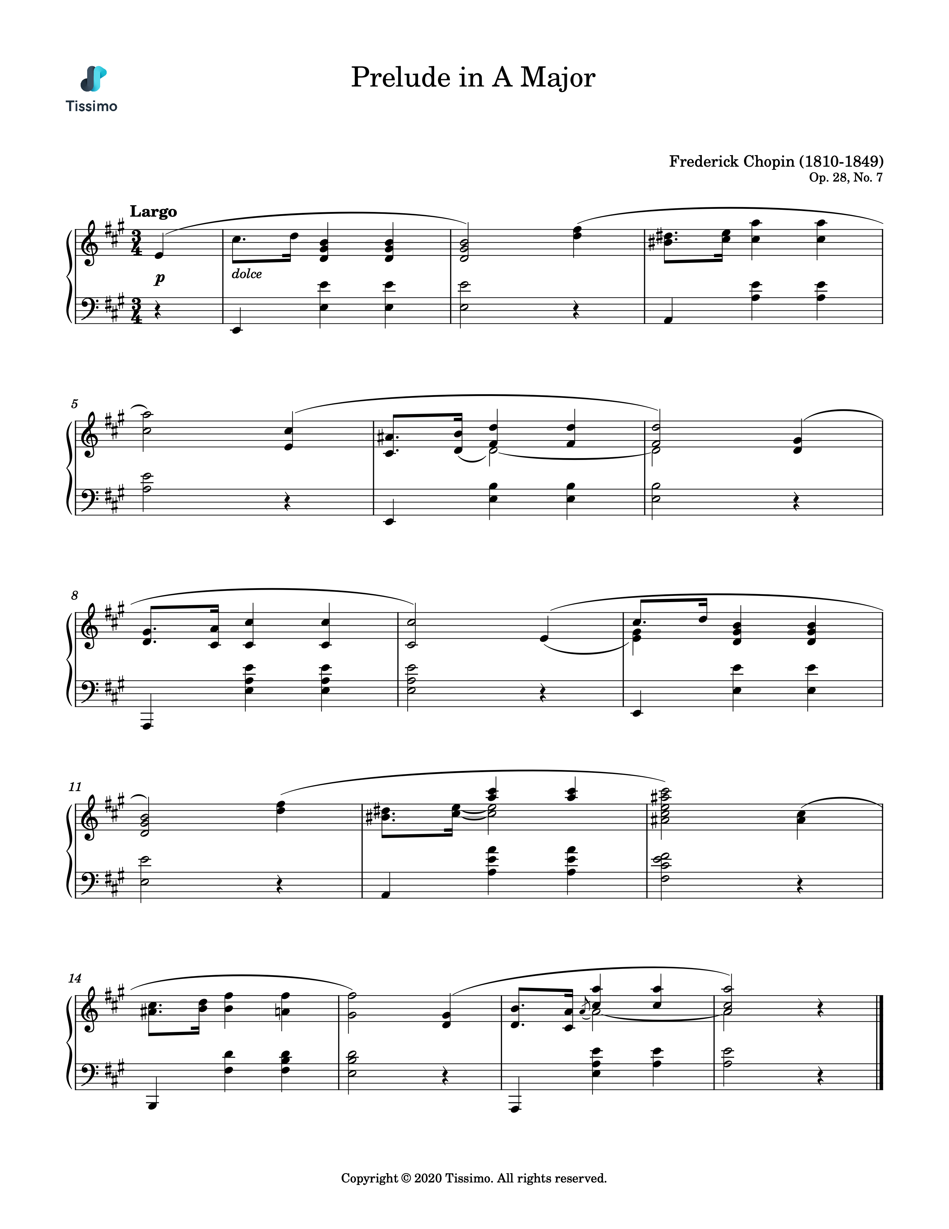 Sheet music preview for Prelude in A Major, Op. 28, No. 7 by Frederic Francois Chopin