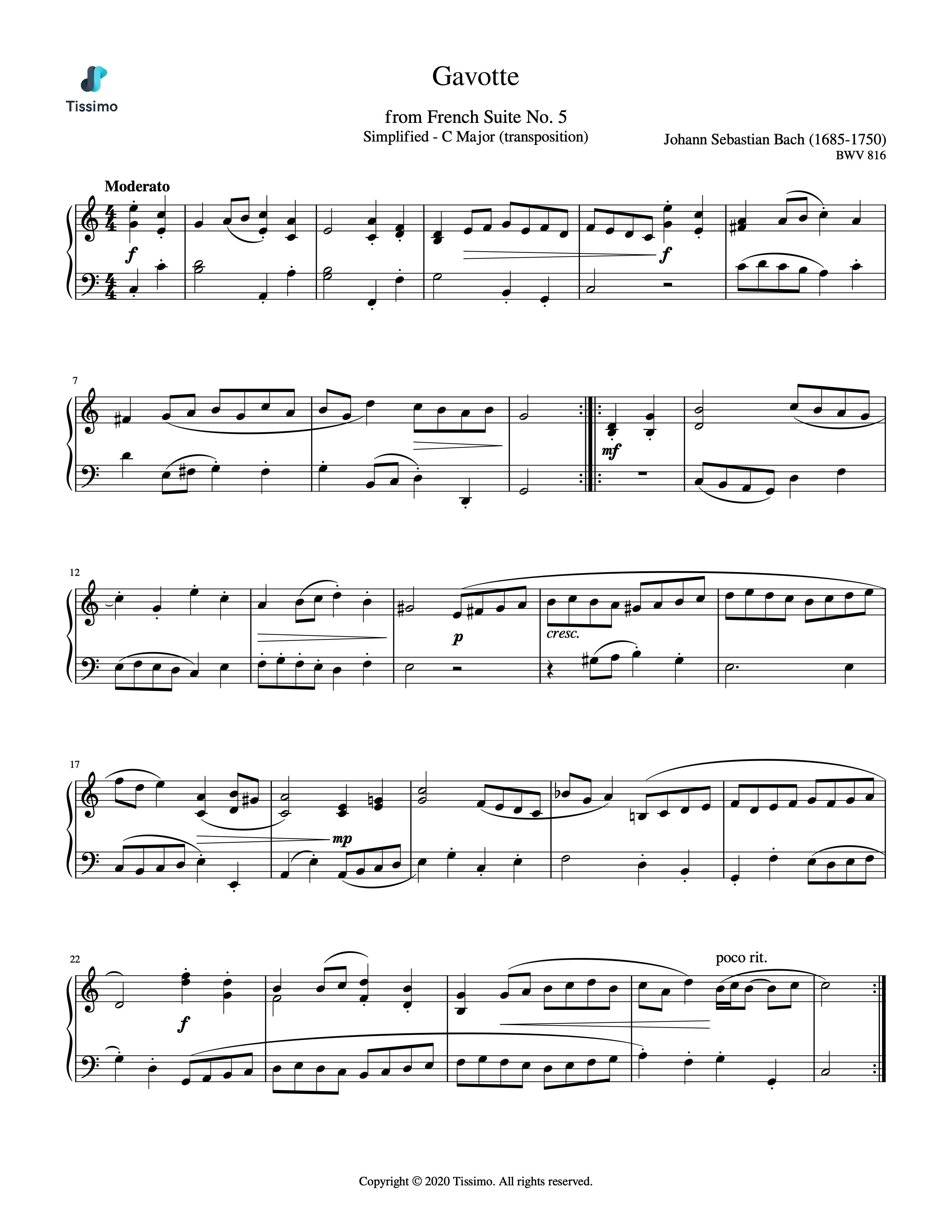 Sheet music preview for Gavotte, BWV 816 (C Major Transposition) by Johann Sebastian Bach