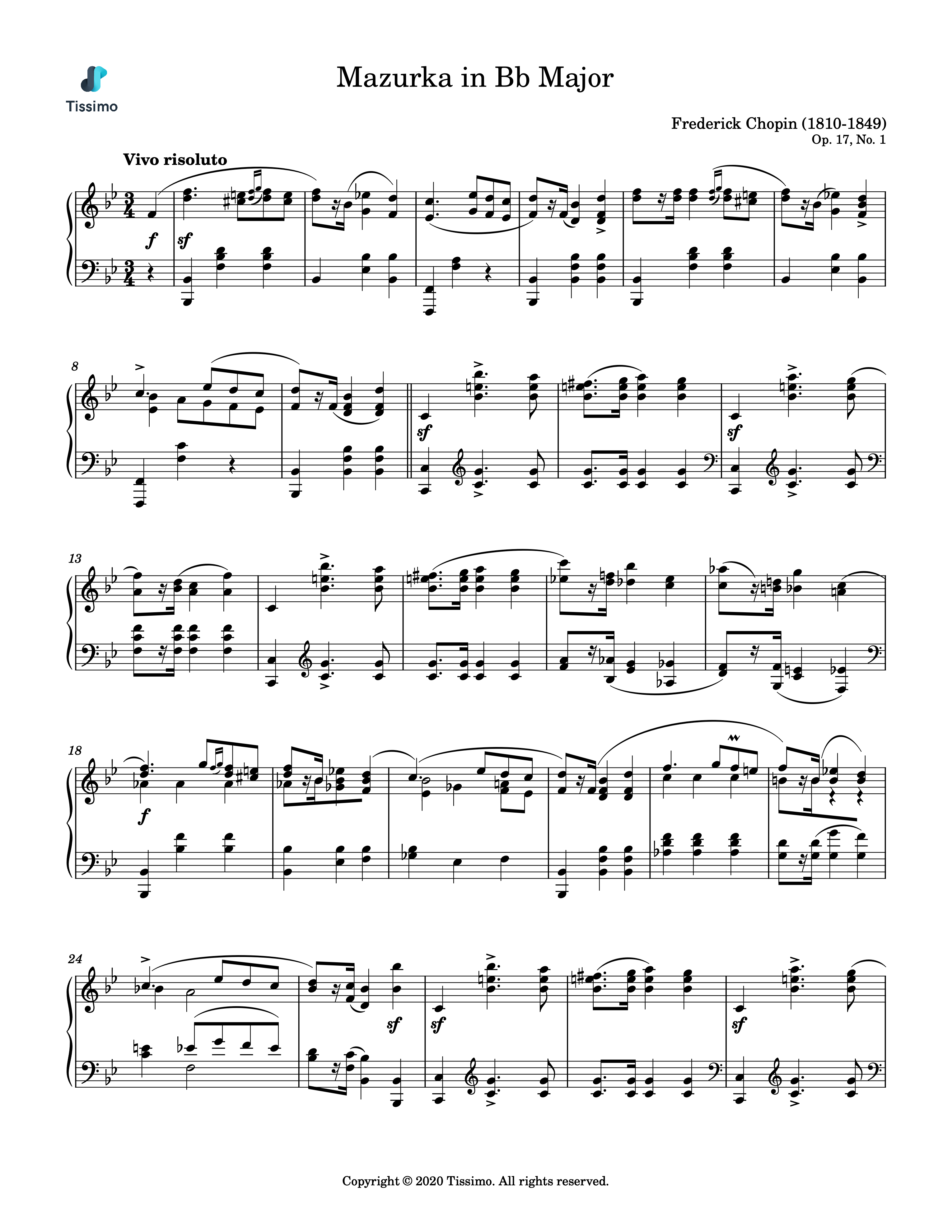 Sheet music preview for Mazurka in Bb Major, Op. 17, No. 1 by Frederic Francois Chopin
