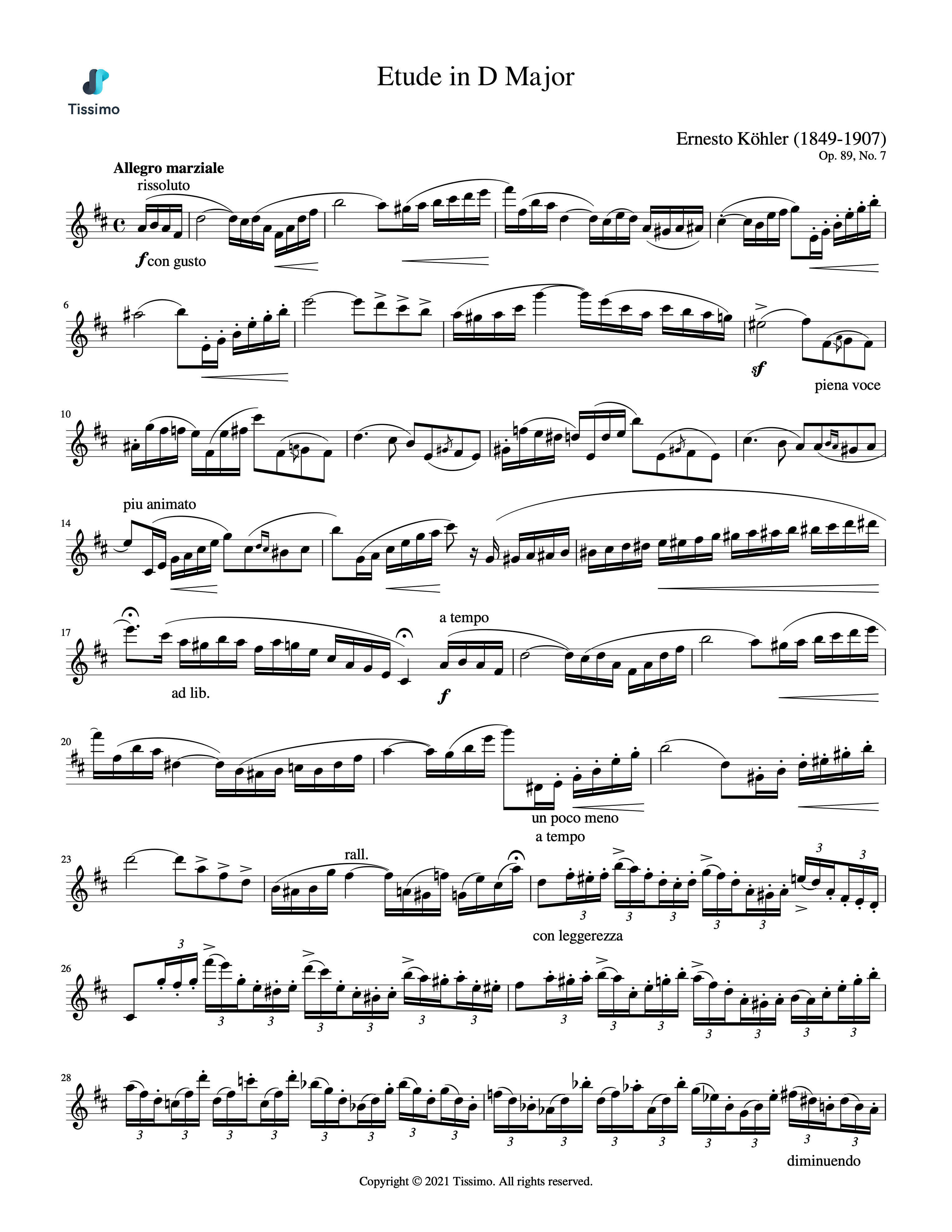 Sheet music preview for Etude in D Major, Op. 89, No. 7 by Ernesto Kohler