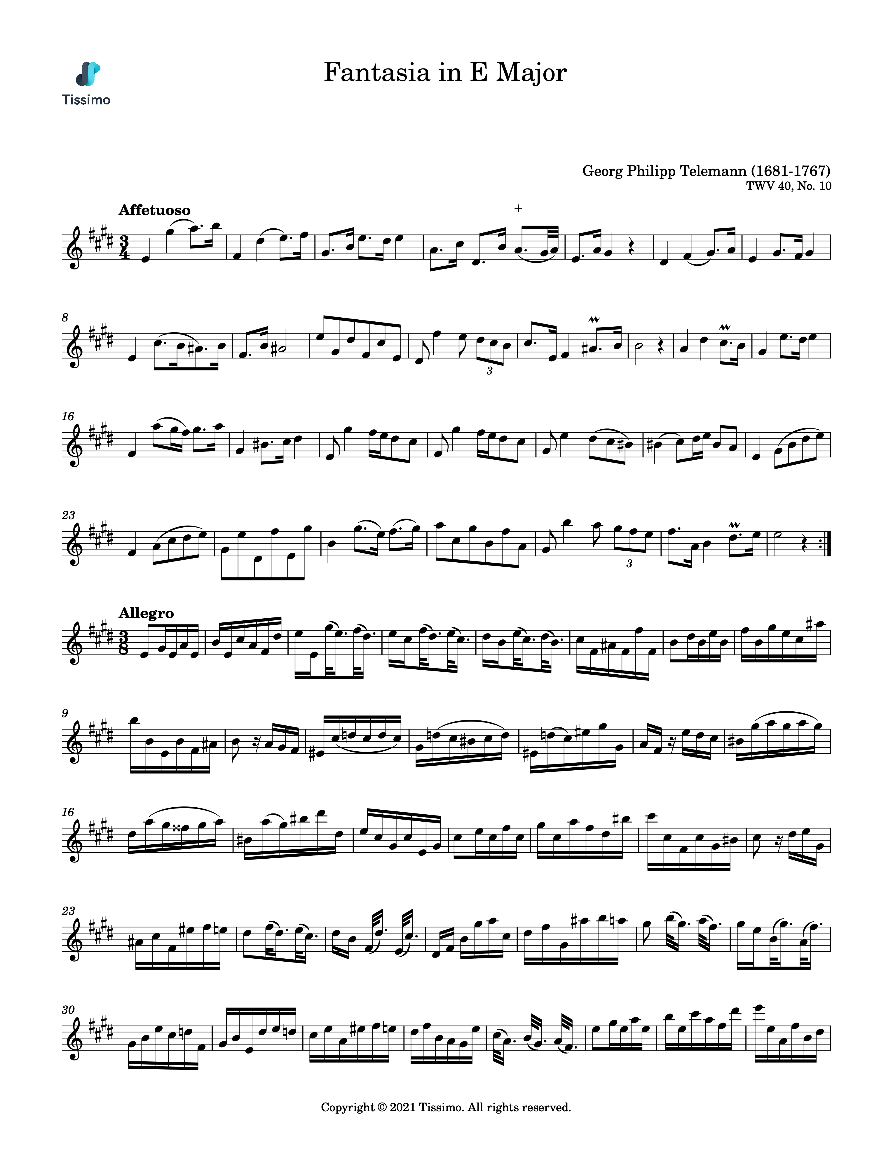 Sheet music preview for Fantasia in E Major, TWV 40, No. 10 by Georg Philipp Telemann