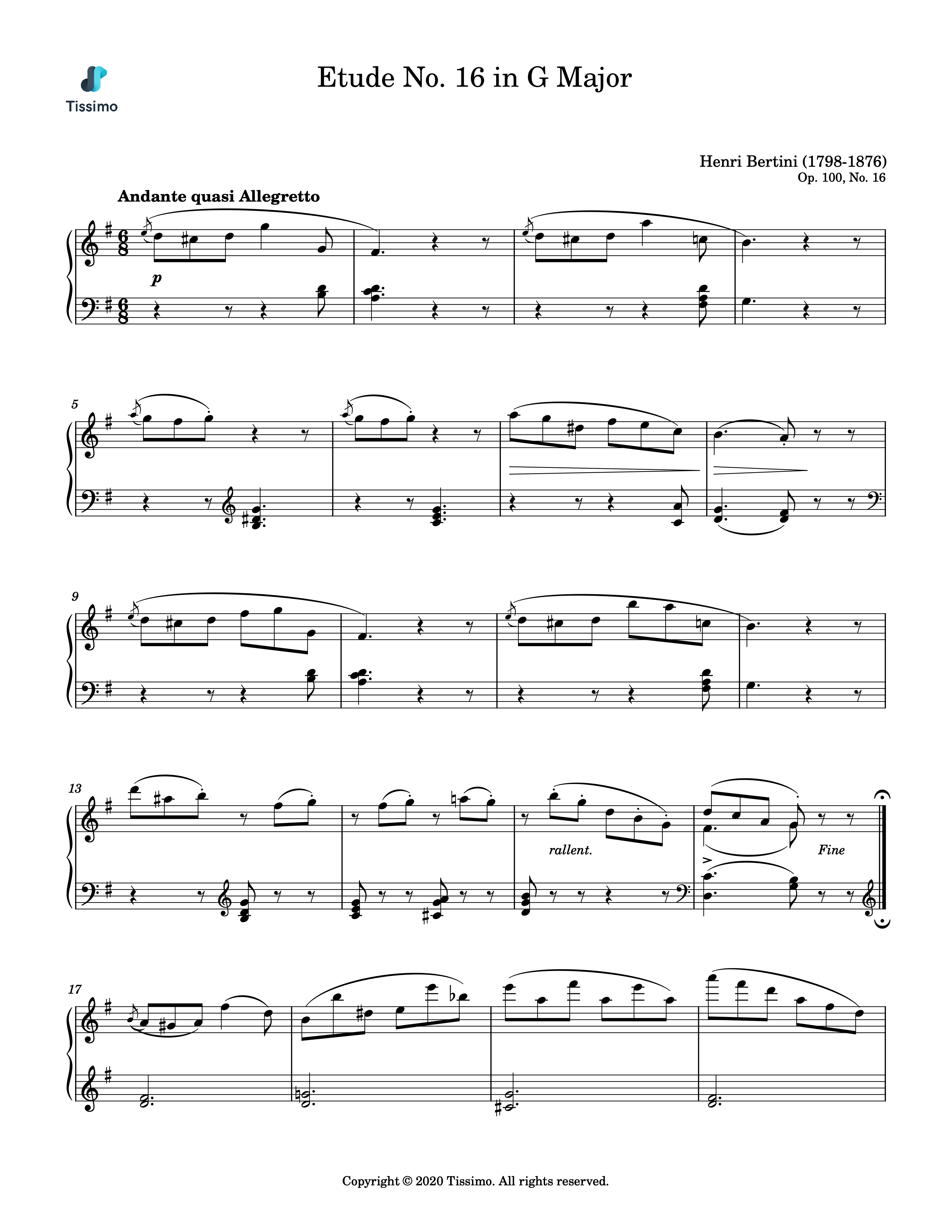 Sheet music preview for Etude in G Major, Op. 100, No. 16 by Henri Bertini