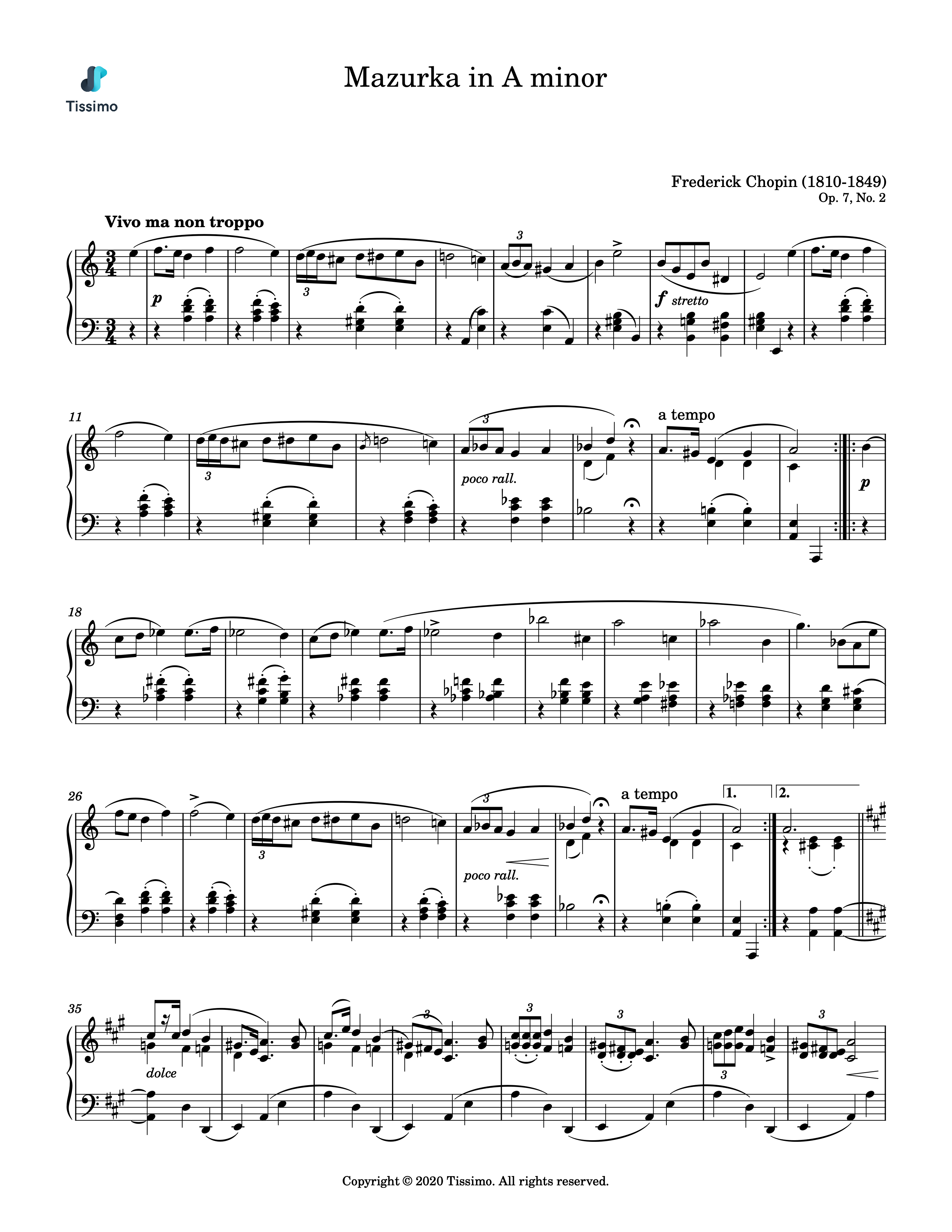 Sheet music preview for Mazurka in A minor, Op. 7, No. 2 by Frederic Francois Chopin